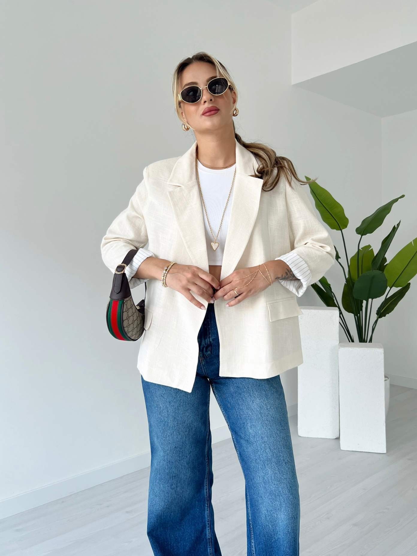 Astarlı Keten Blazer Ceket - Krem