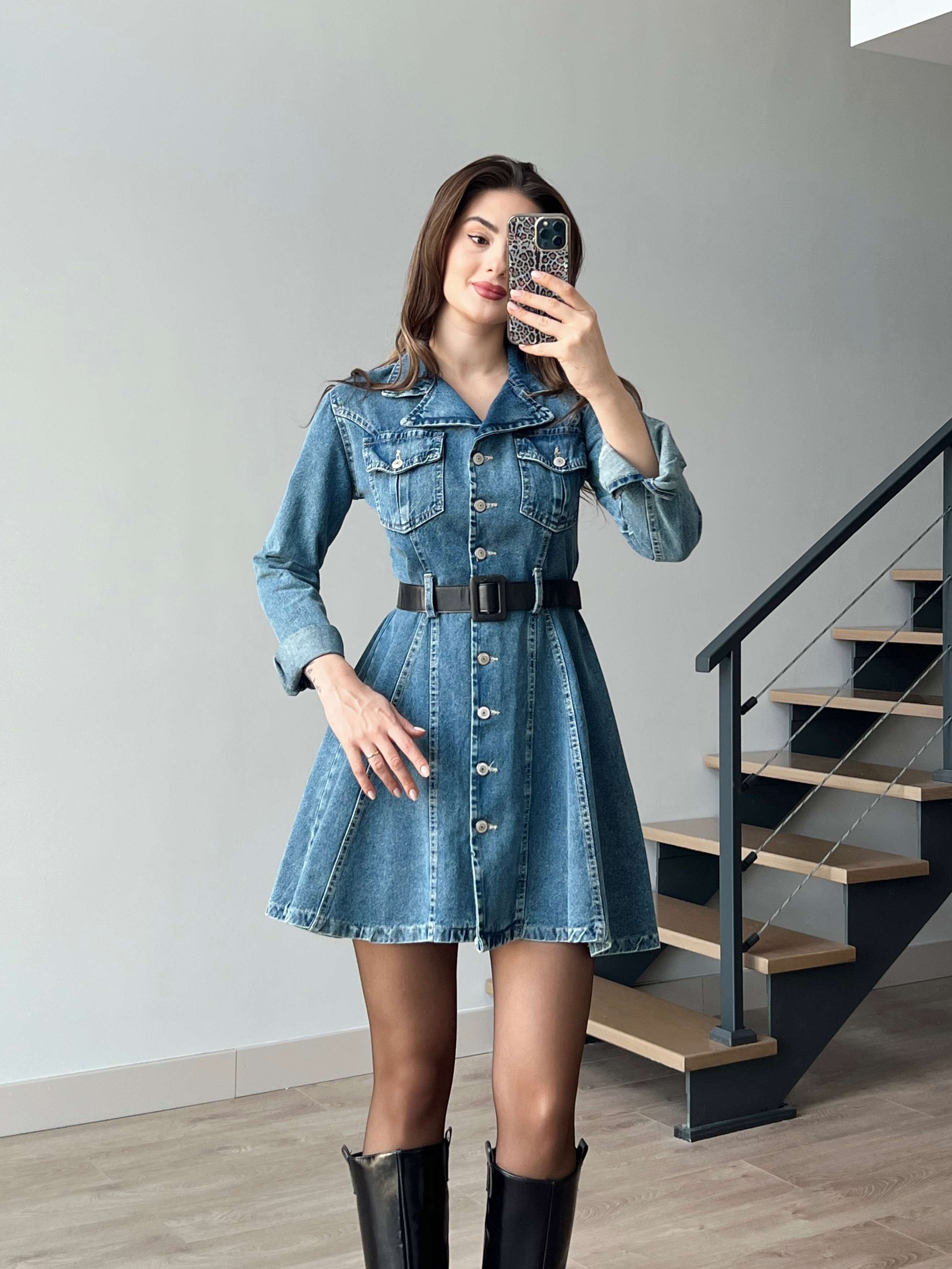 Kemerli Denim Elbise 