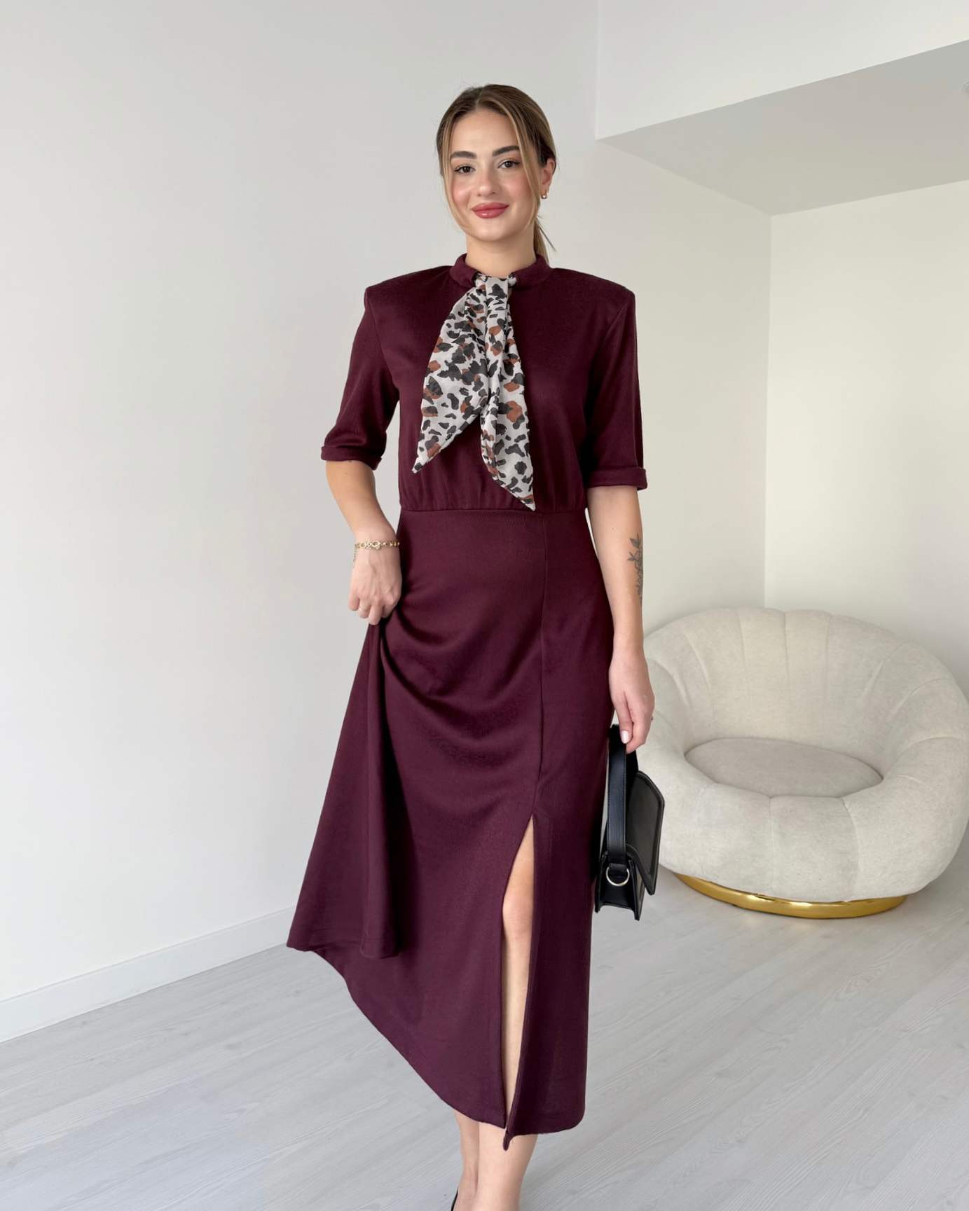 Fular Detaylı Midi Boy Elbise - Bordo