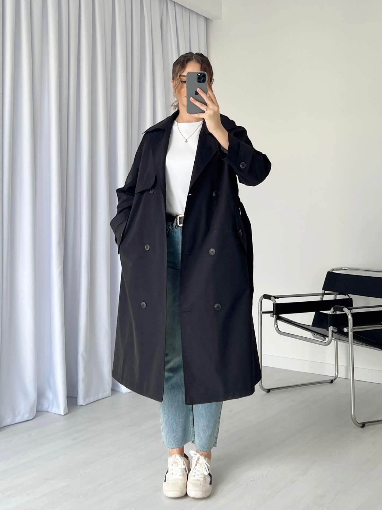 Oversize Astarlı Uzun Trençkot - Siyah