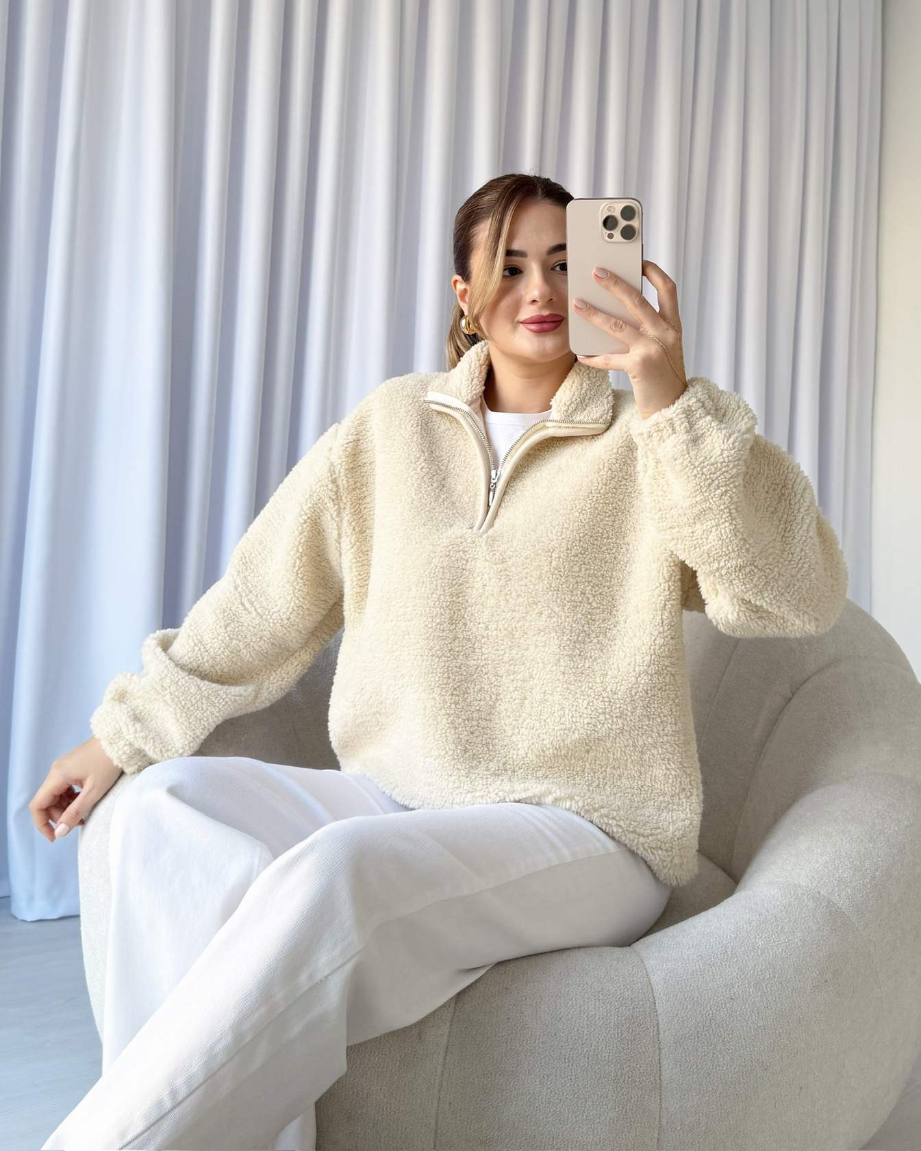 Yaka Fermuarlı Peluş Sweatshirt