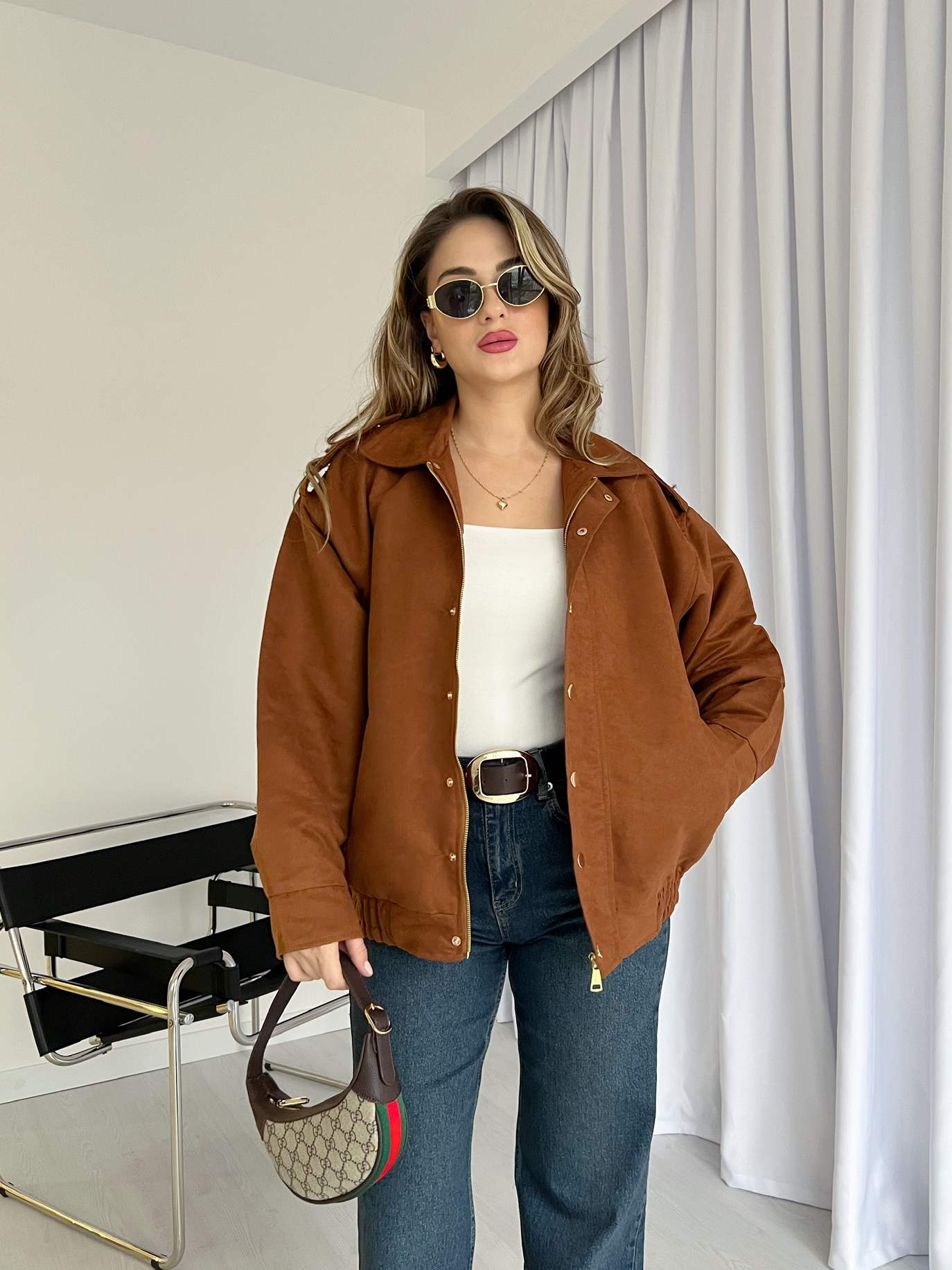 Apoletli Süet Bomber Ceket - Taba