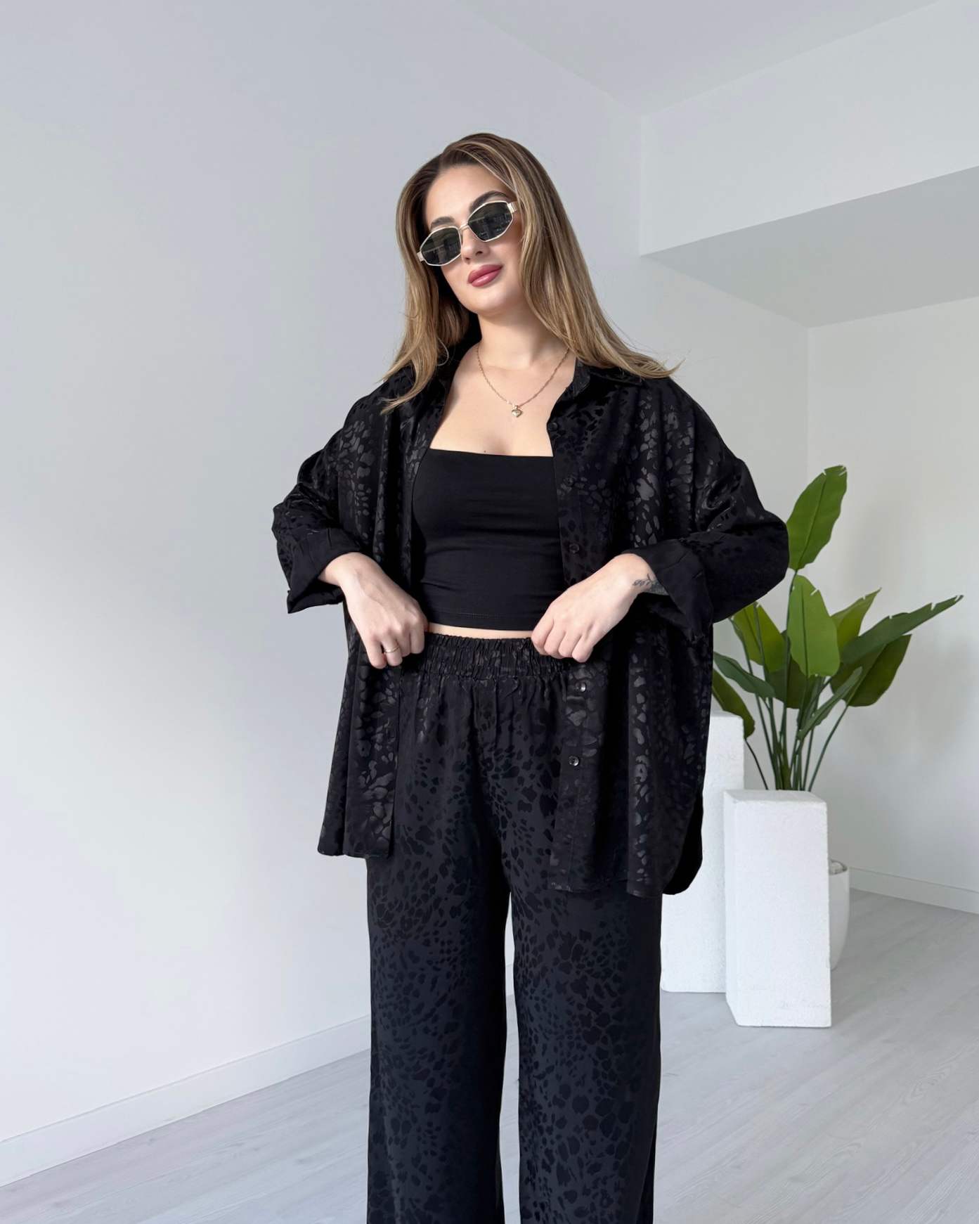 Leopar Desenli Saten Takım