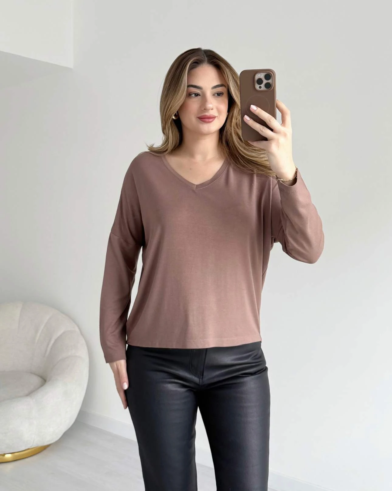 V Yaka Triko Bluz - Kahve