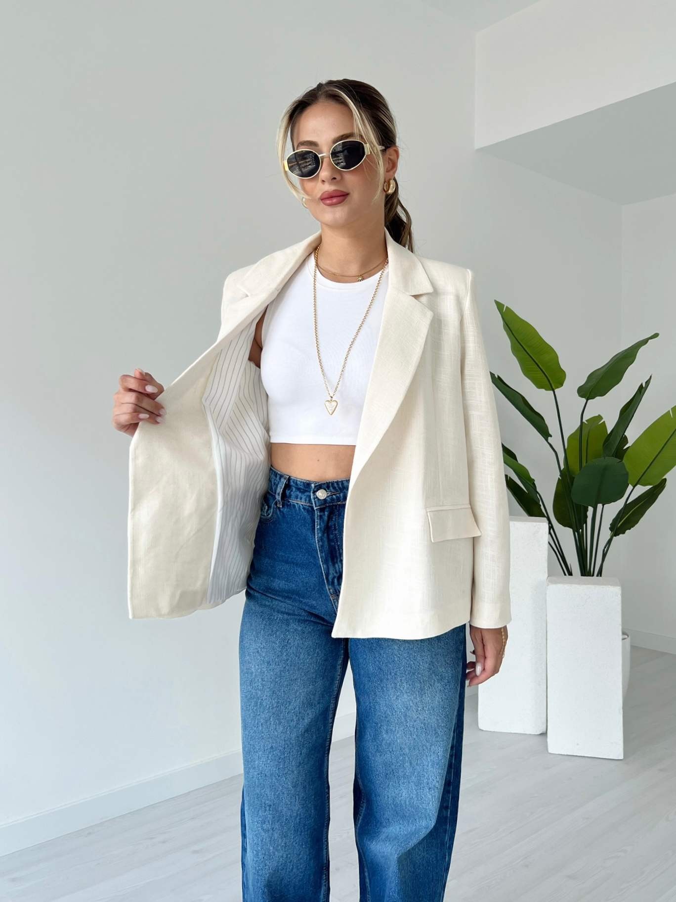 Astarlı Keten Blazer Ceket - Krem
