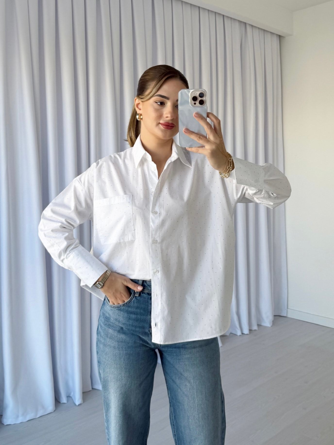 Taş Süslemeli Poplin Gömlek - Beyaz