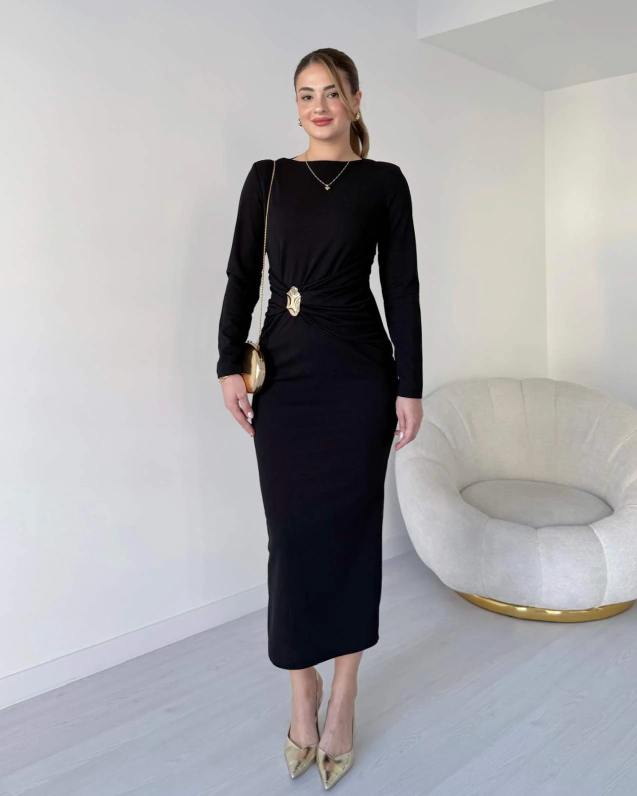 Bel Detaylı Midi Boy VICTOR Elbise