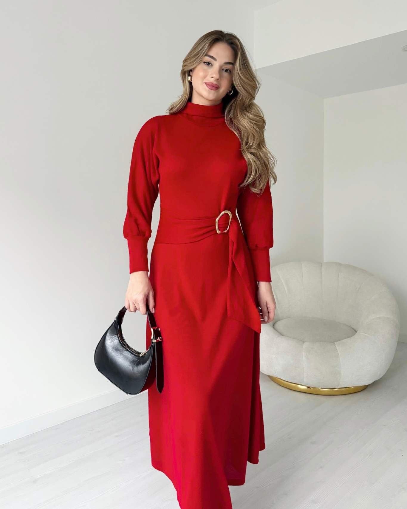 Balıkçı Yaka Kuşak Detaylı Triko Elbise