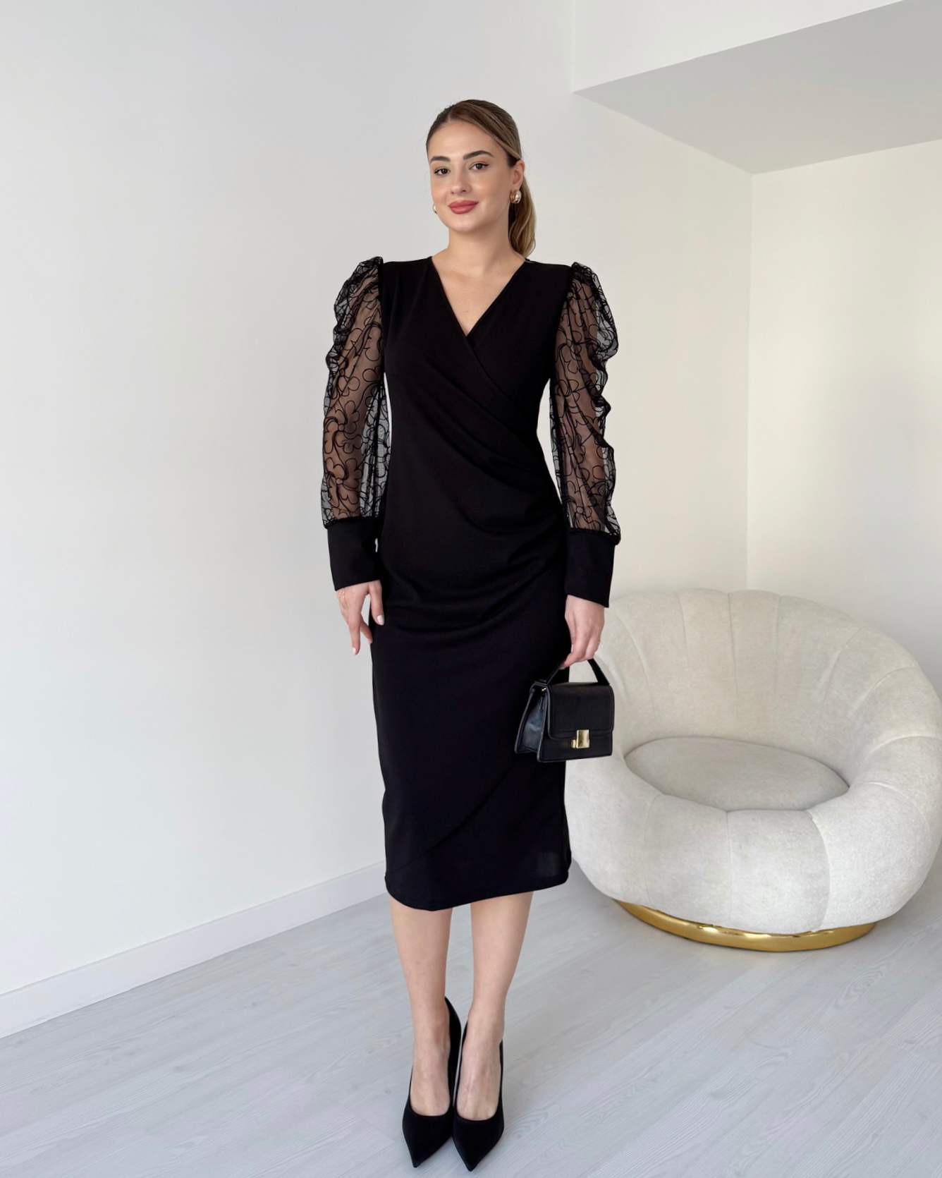 Kruvaze Yaka Kolu Tül Elbise