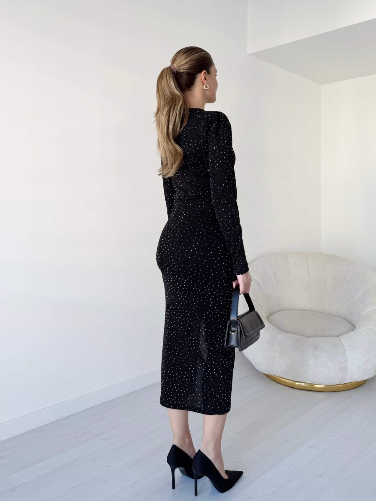 Kruvaze Yaka Taşlı Tasarım Elbise