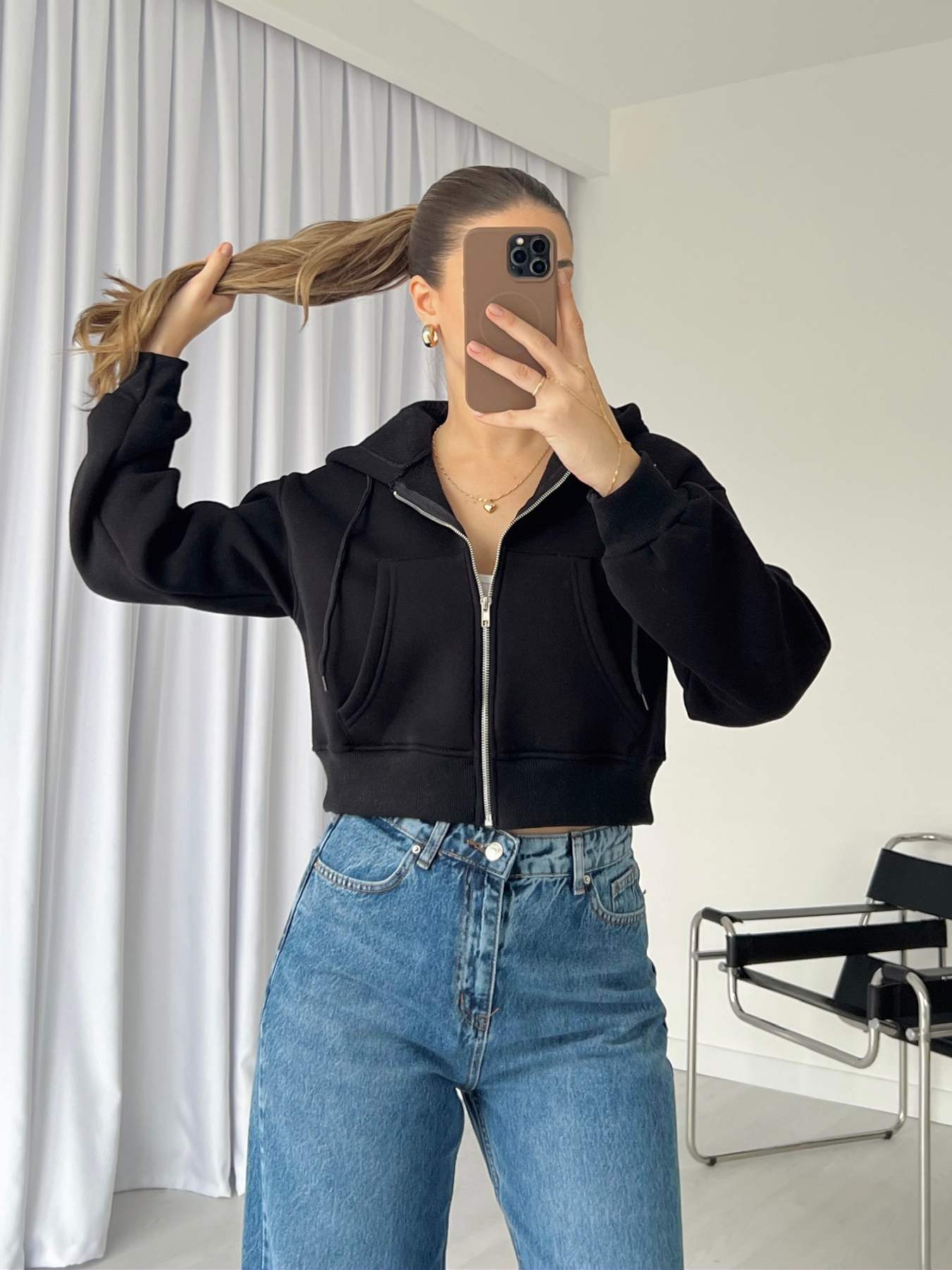 Fermuarlı Crop Basic Sweatshirt