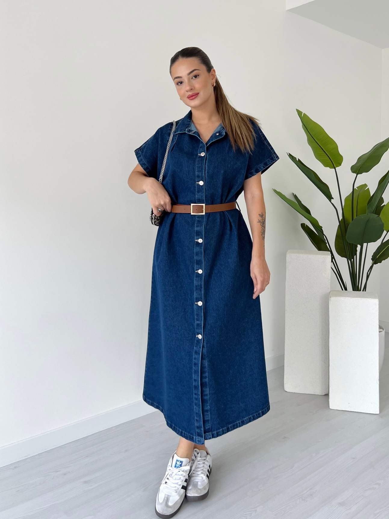 Düşük Kol Kemerli Denim Elbise - Koyu Mavi