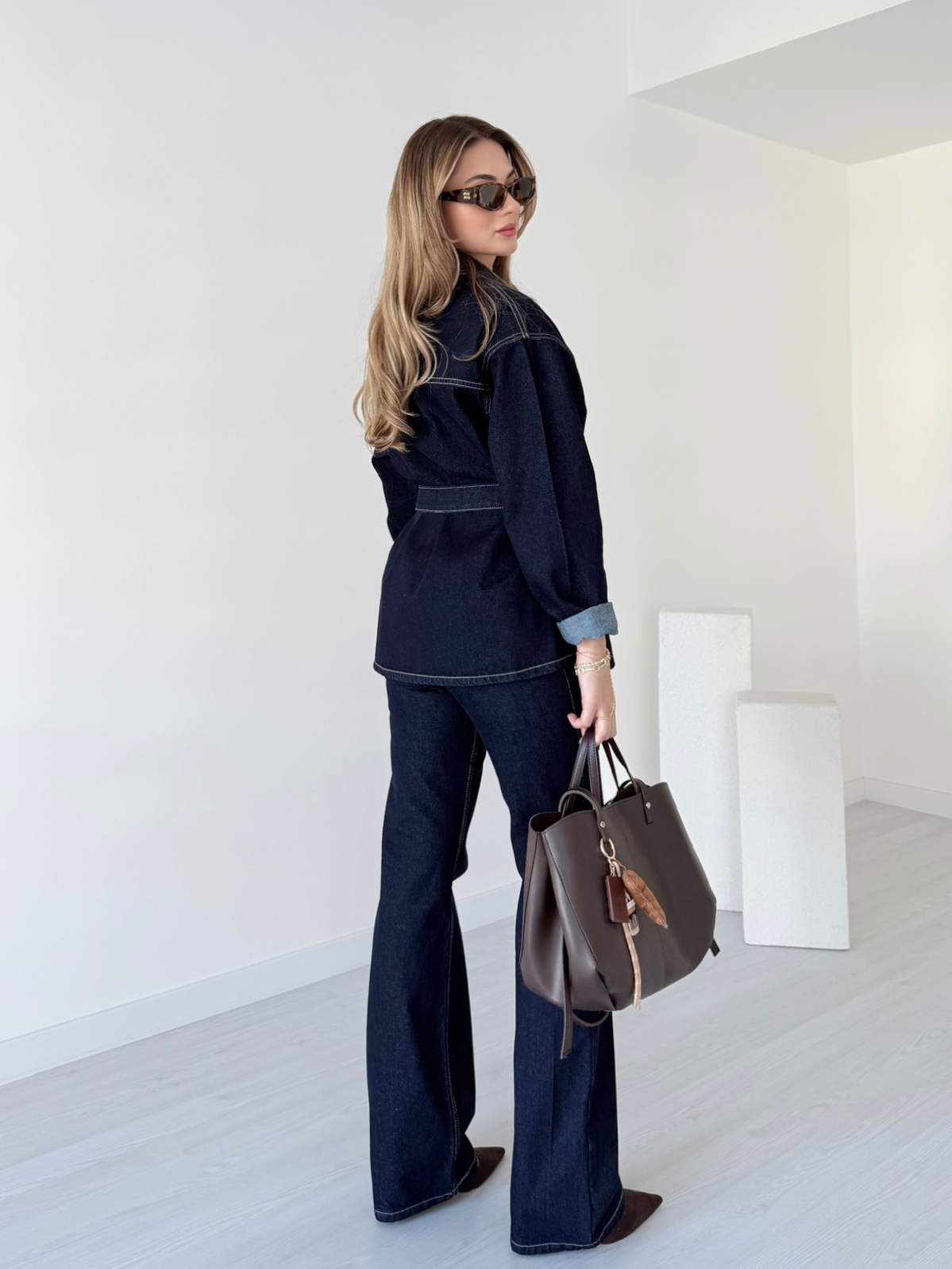 Kuşaklı Denim Ceket Pantolon Takım