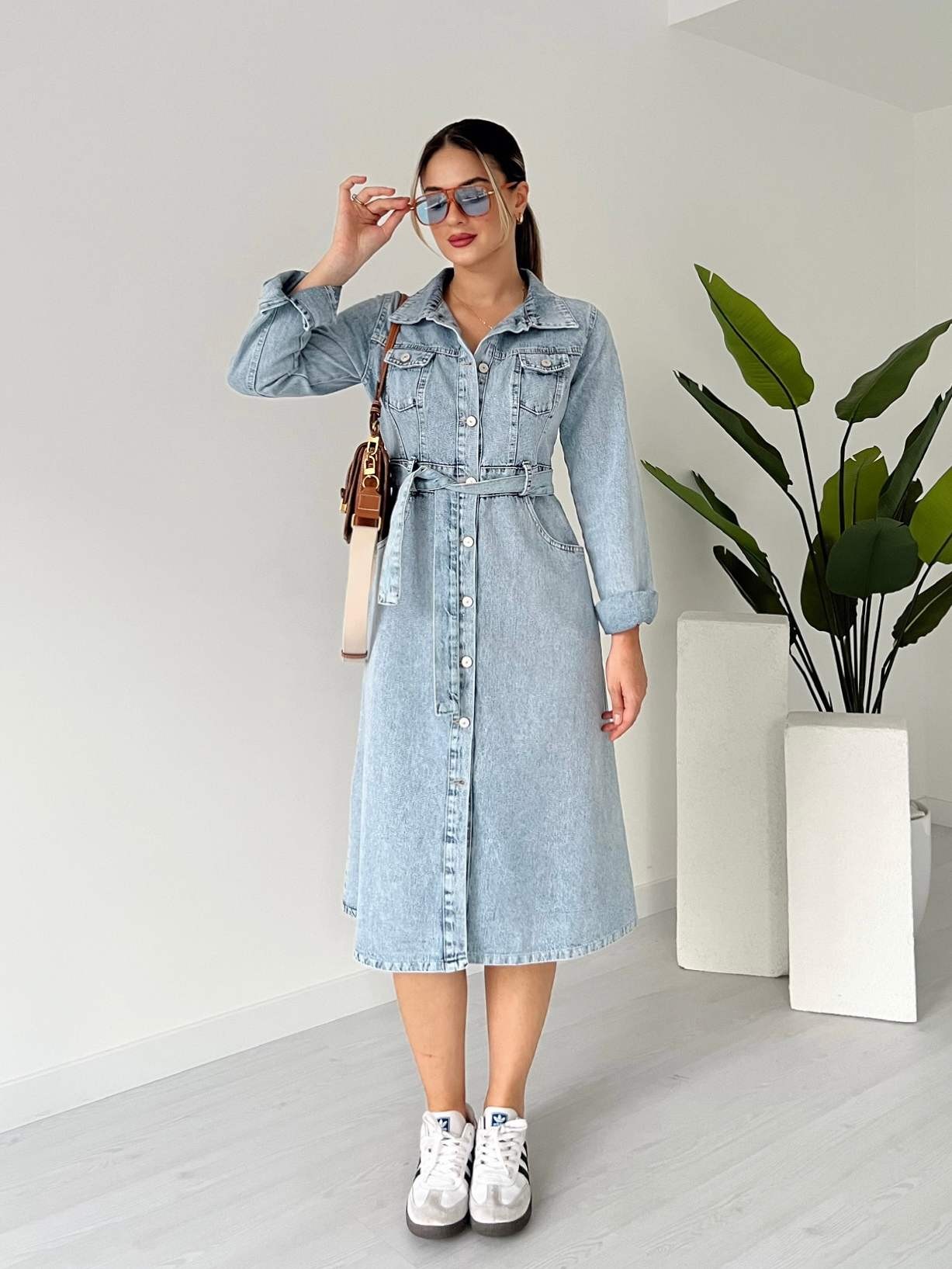 Uzun Kol Kuşaklı Denim Elbise