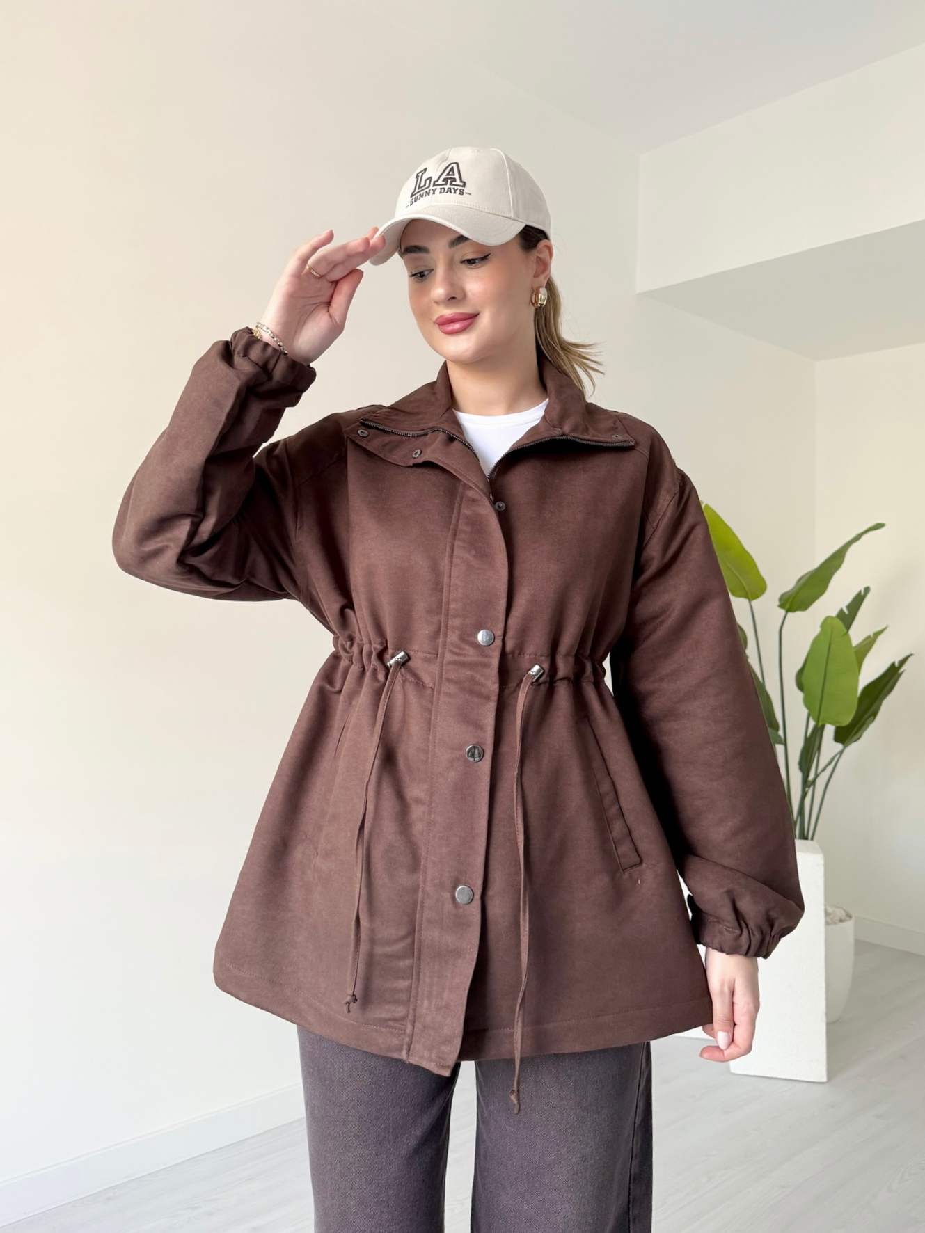 Acı Kahve Beli Büzgülü Süet Mont - Acı Kahve
