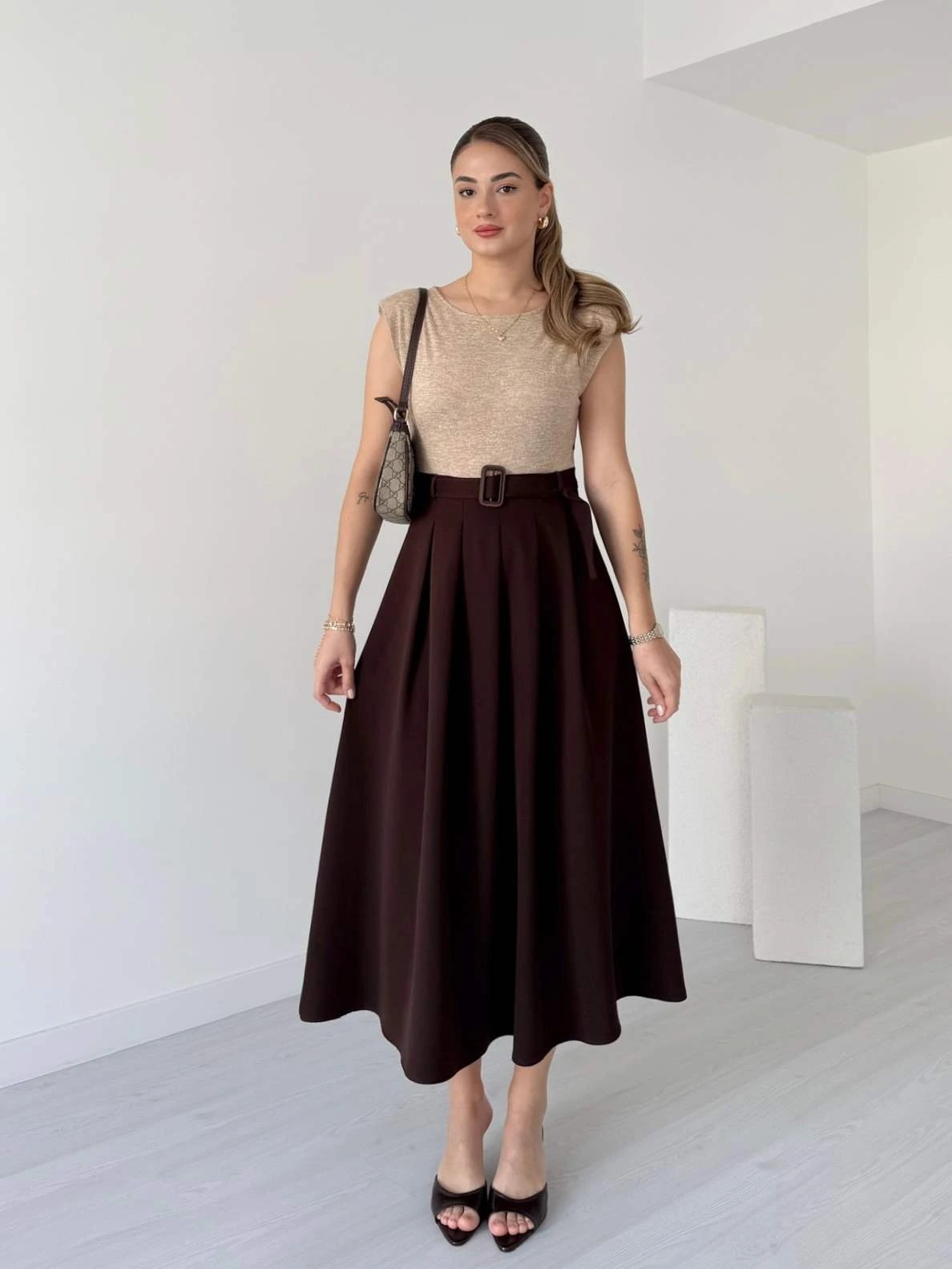 Vatkalı Midi Boy PEDRO Elbise - Kahve