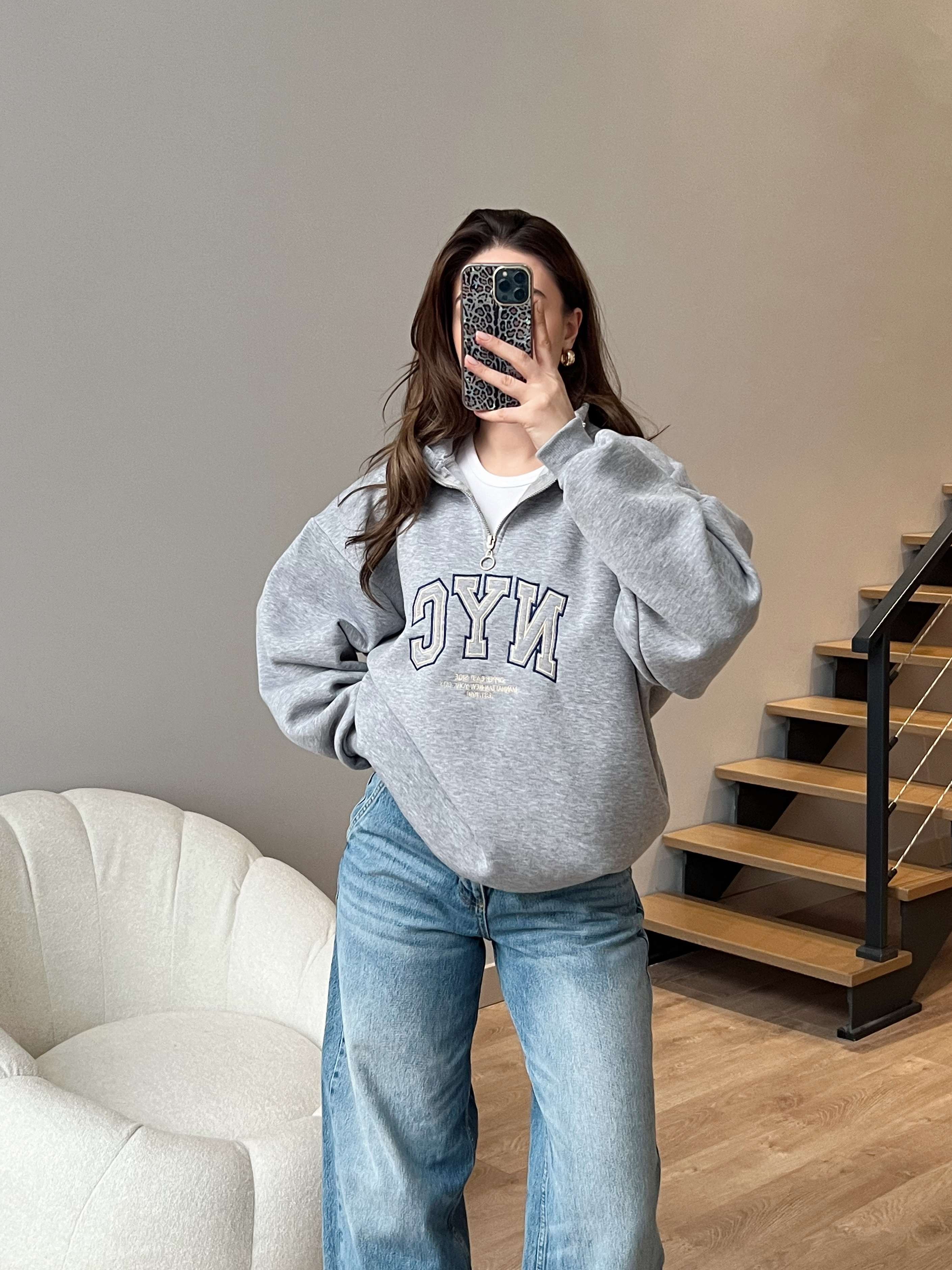 NYC Fermuarlı Sweatshirt - Gri