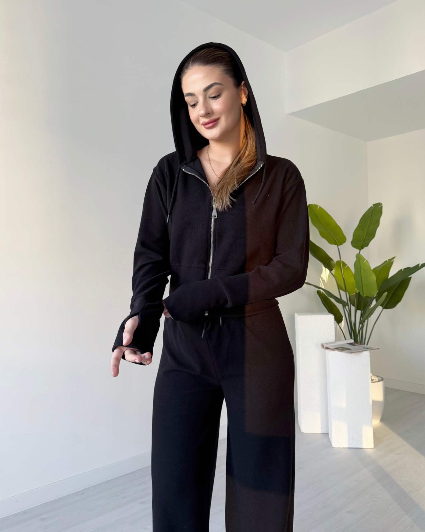 Selanik Kumaş Parmak Geçmeli İkili Takım - Siyah