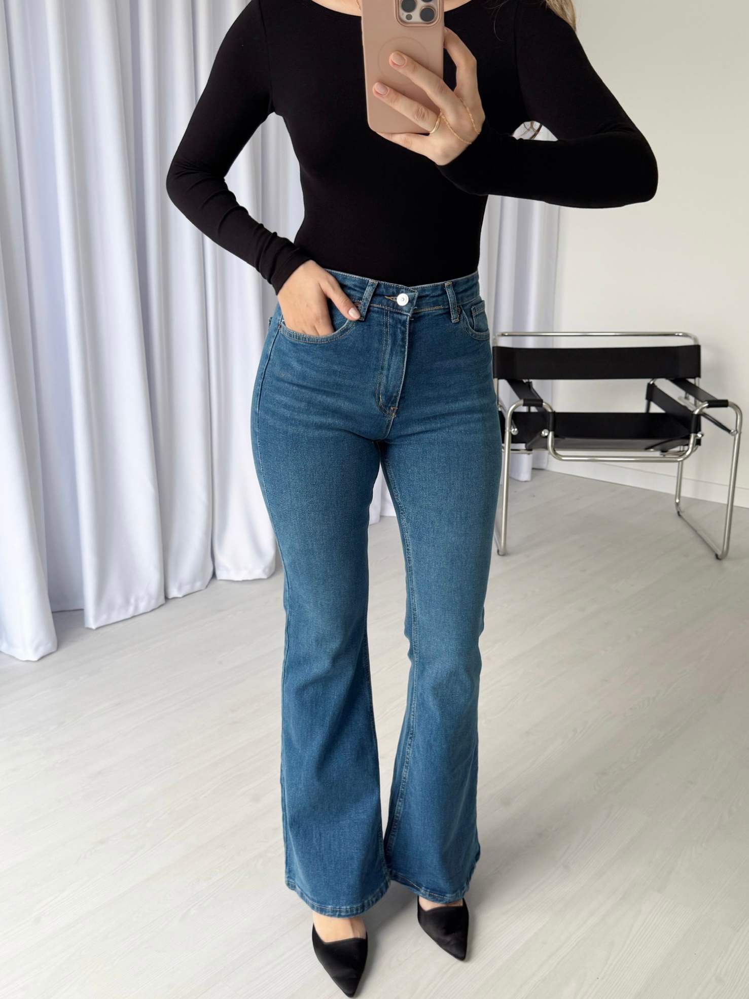 Yüksek Bel Likralı İspanyol Paça Jean