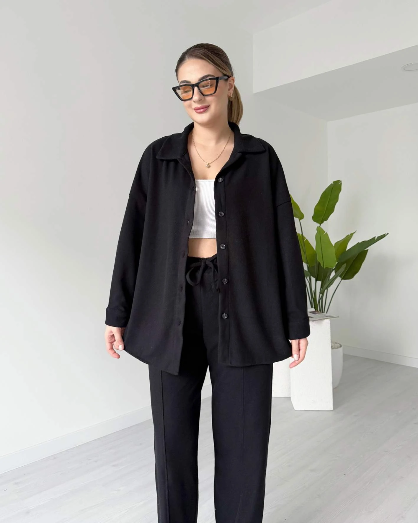 Kısa Paça Gömlekli Oversize Takım - Siyah