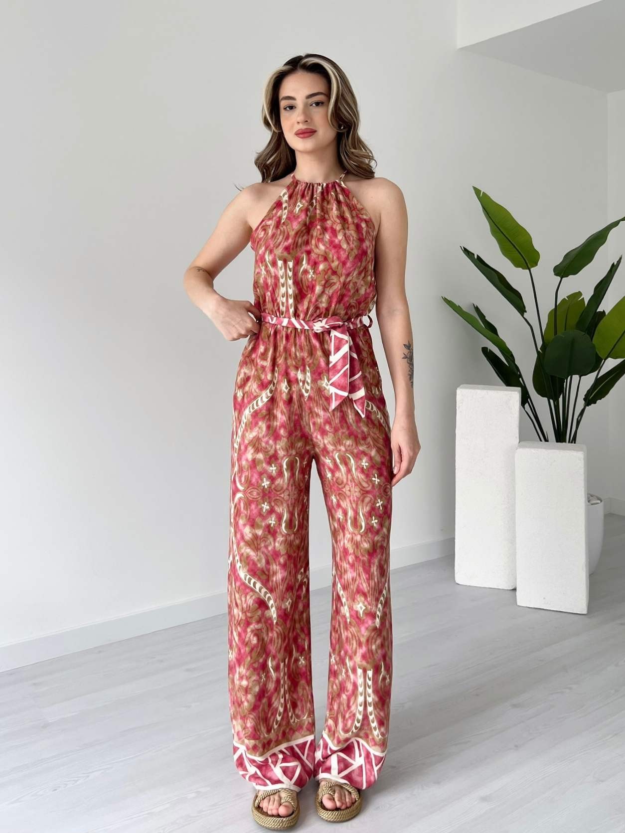 Desenli Halter Yaka Viskon Tulum - Fuşya