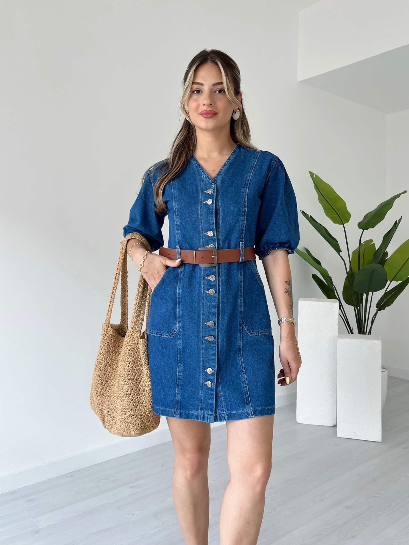 Karpuz Kol Kemerli Denim Elbise