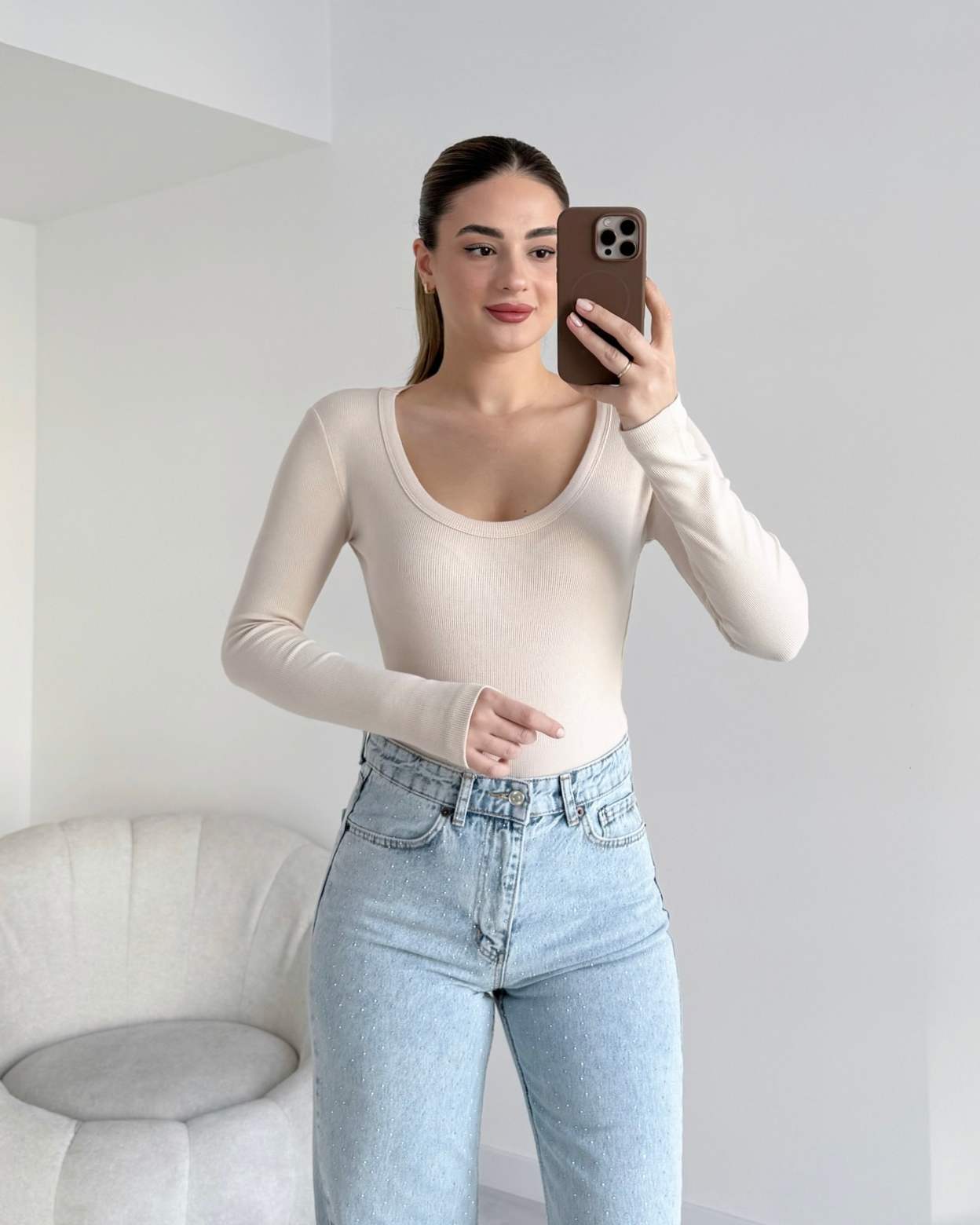 U Yaka Fitilli Bluz - Taş