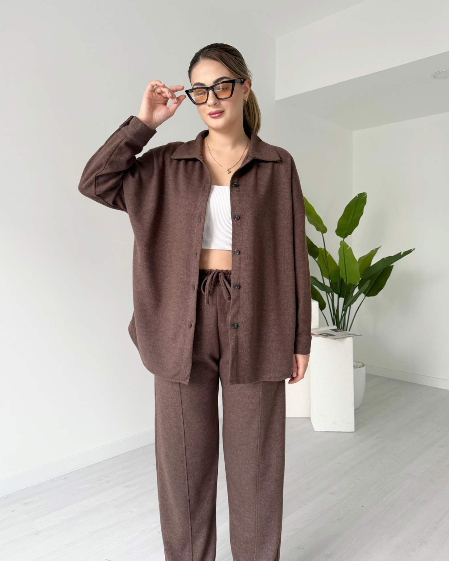 Kısa Paça Gömlekli Oversize Takım - Kahve