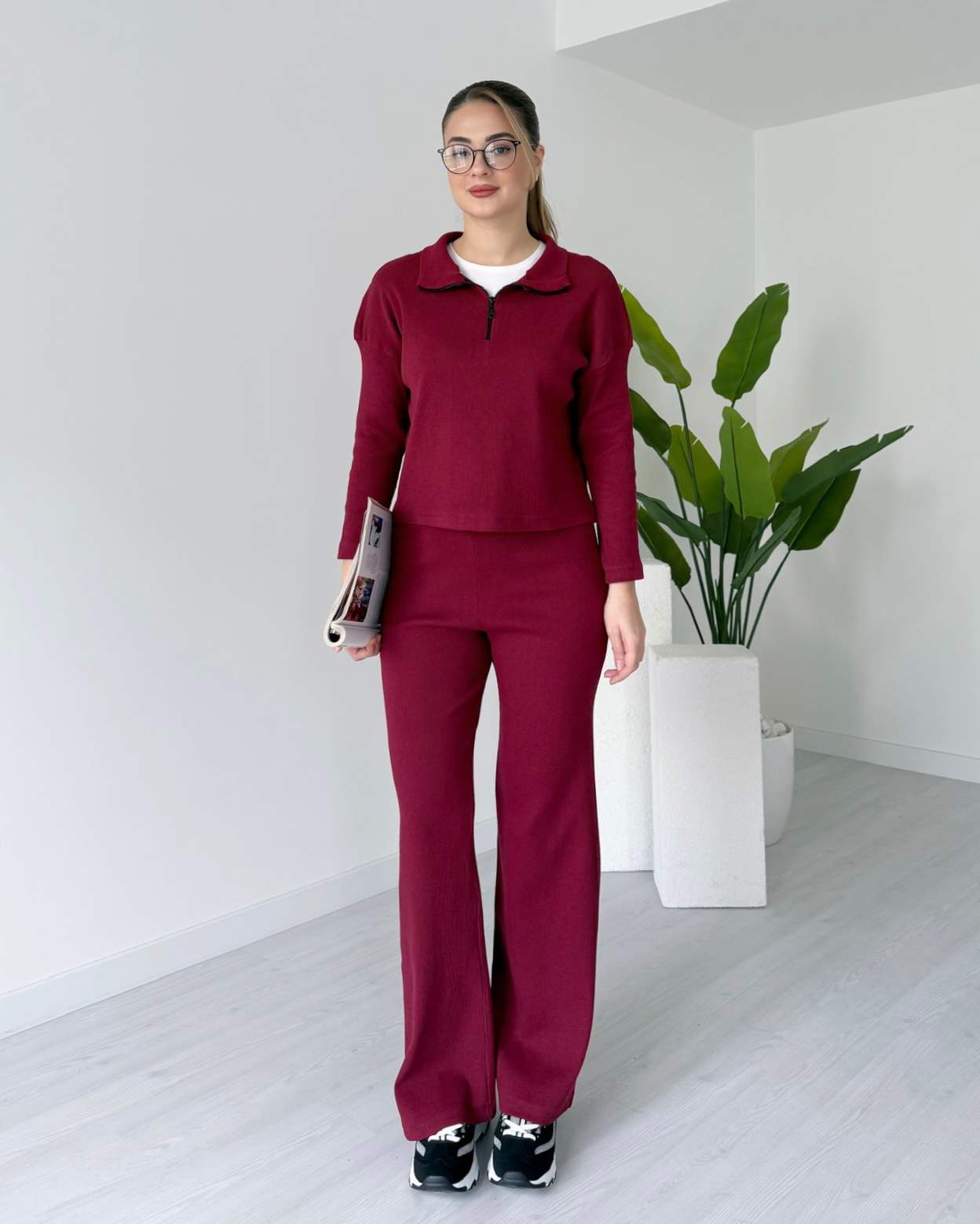 Yaka Fermuarlı İkili Takım - Bordo