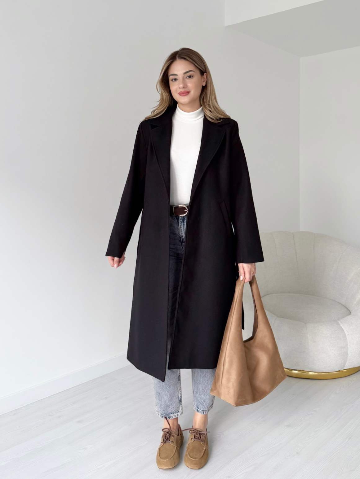 Kuşaklı Uzun Premium Kaşe Kaban