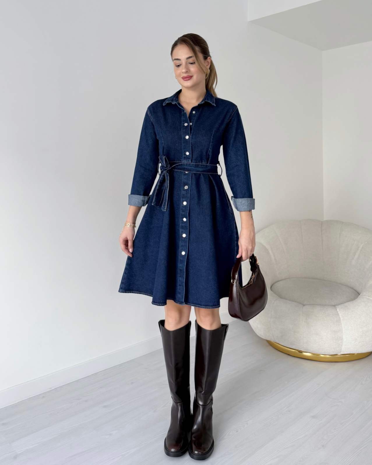 Koyu Mavi Kuşaklı Denim Elbise