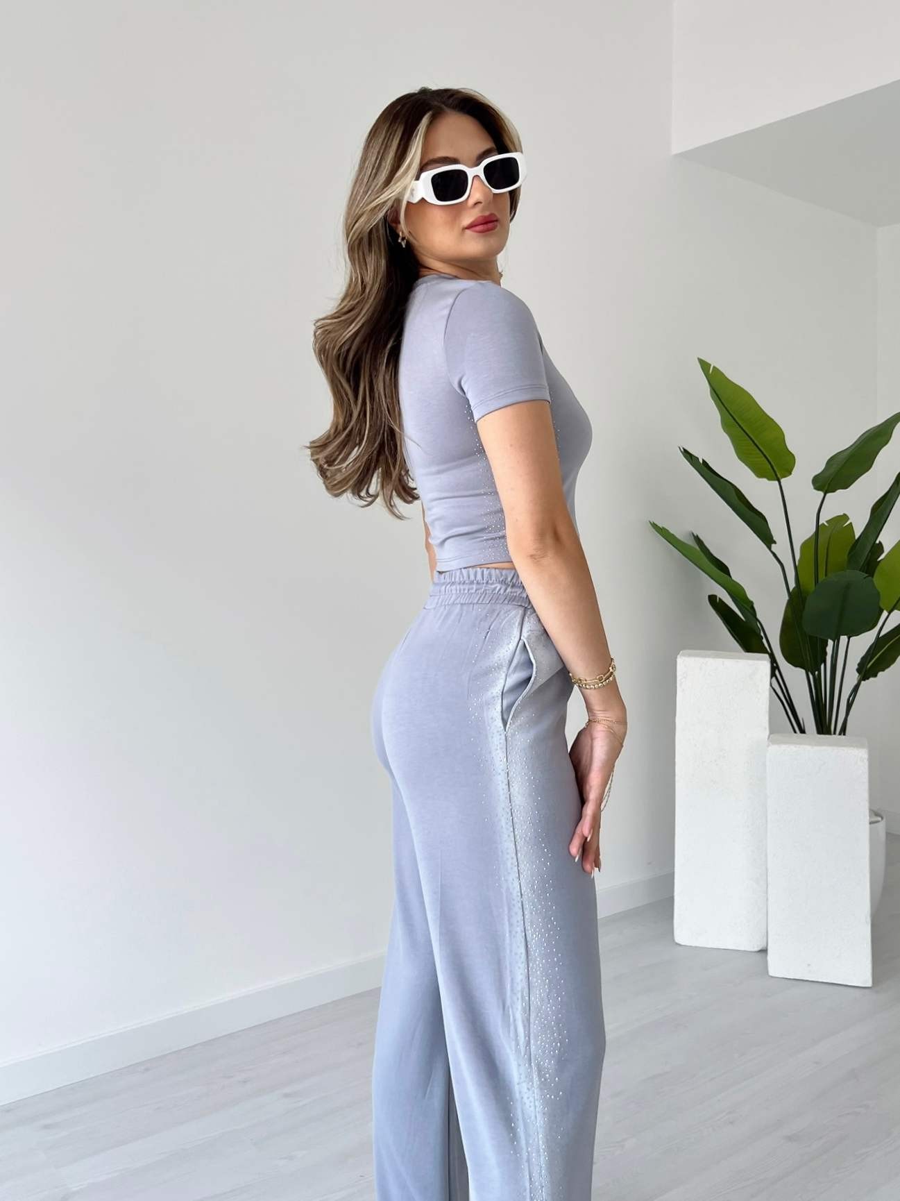 Modal Kumaş Taş Süslemeli Crop Takım - Gri