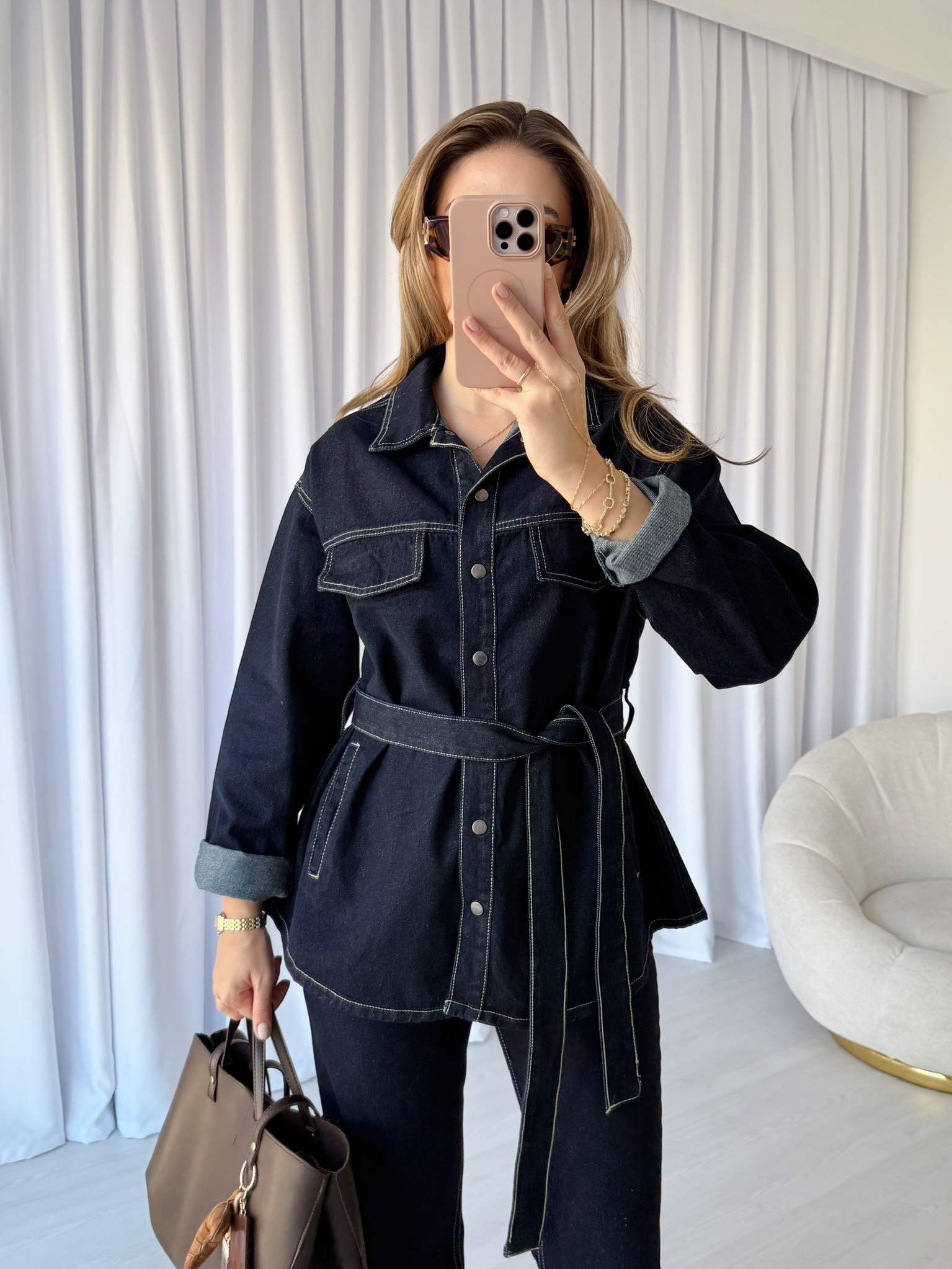 Kuşaklı Denim Ceket Pantolon Takım