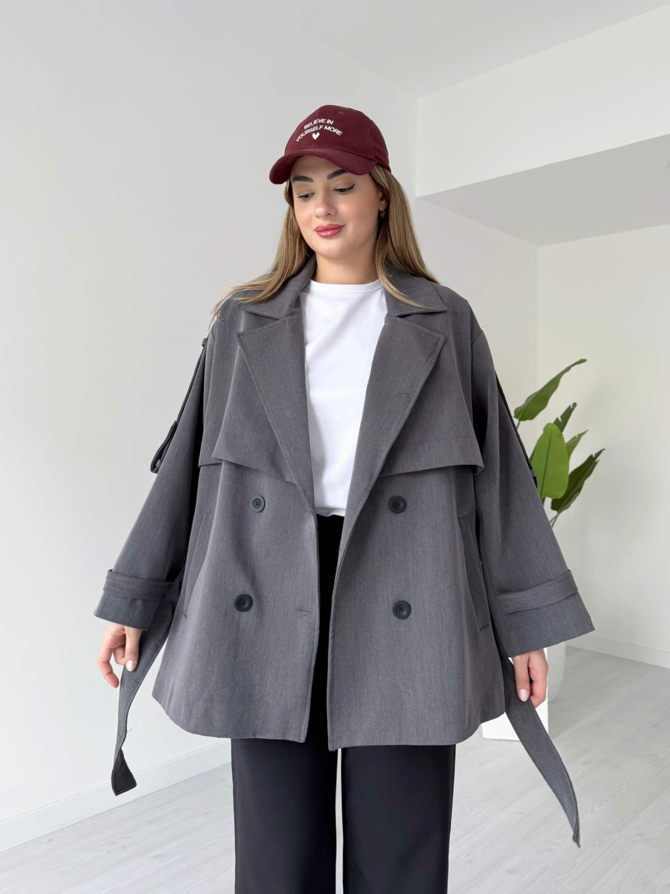 Oversize Kuşaklı Antrasit Trençkot