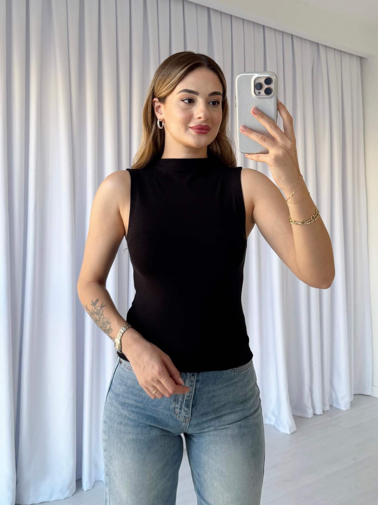 Sıfır Kol Dik Yaka Modal T-Shirt - Siyah