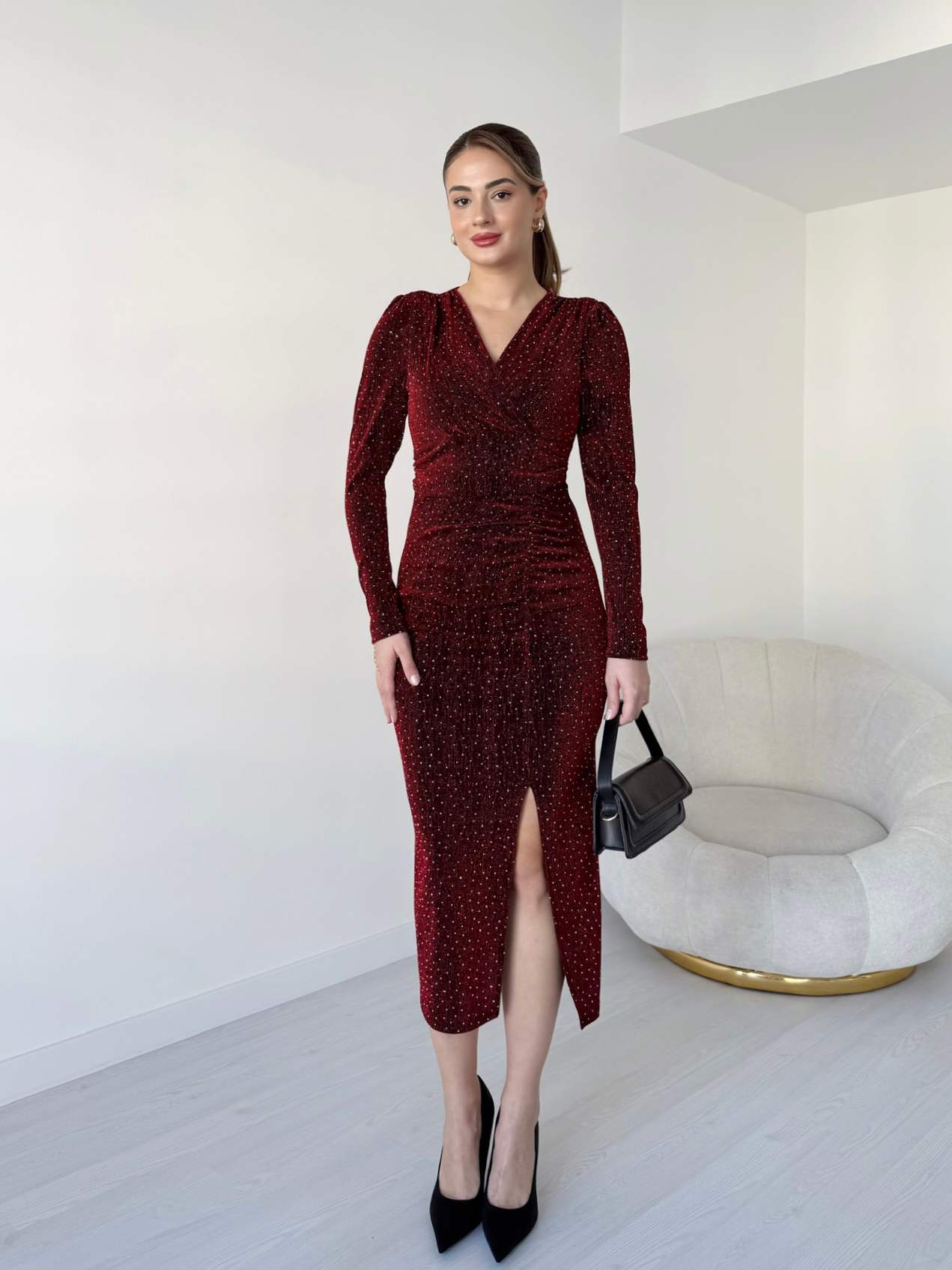 Kruvaze Yaka Taşlı Tasarım Elbise