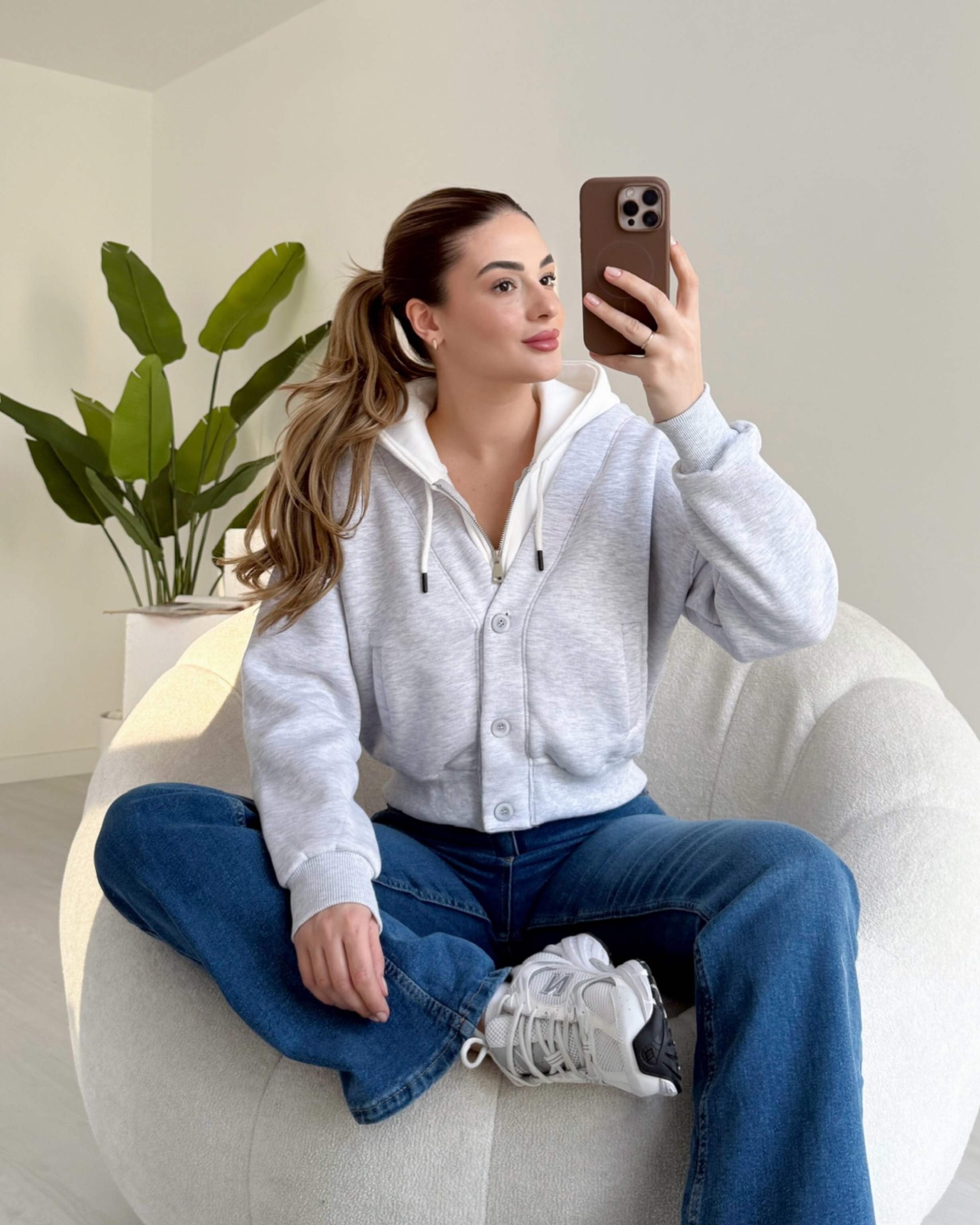 Kapüşonu Birleşik Düğmeli Hoodie - Gri