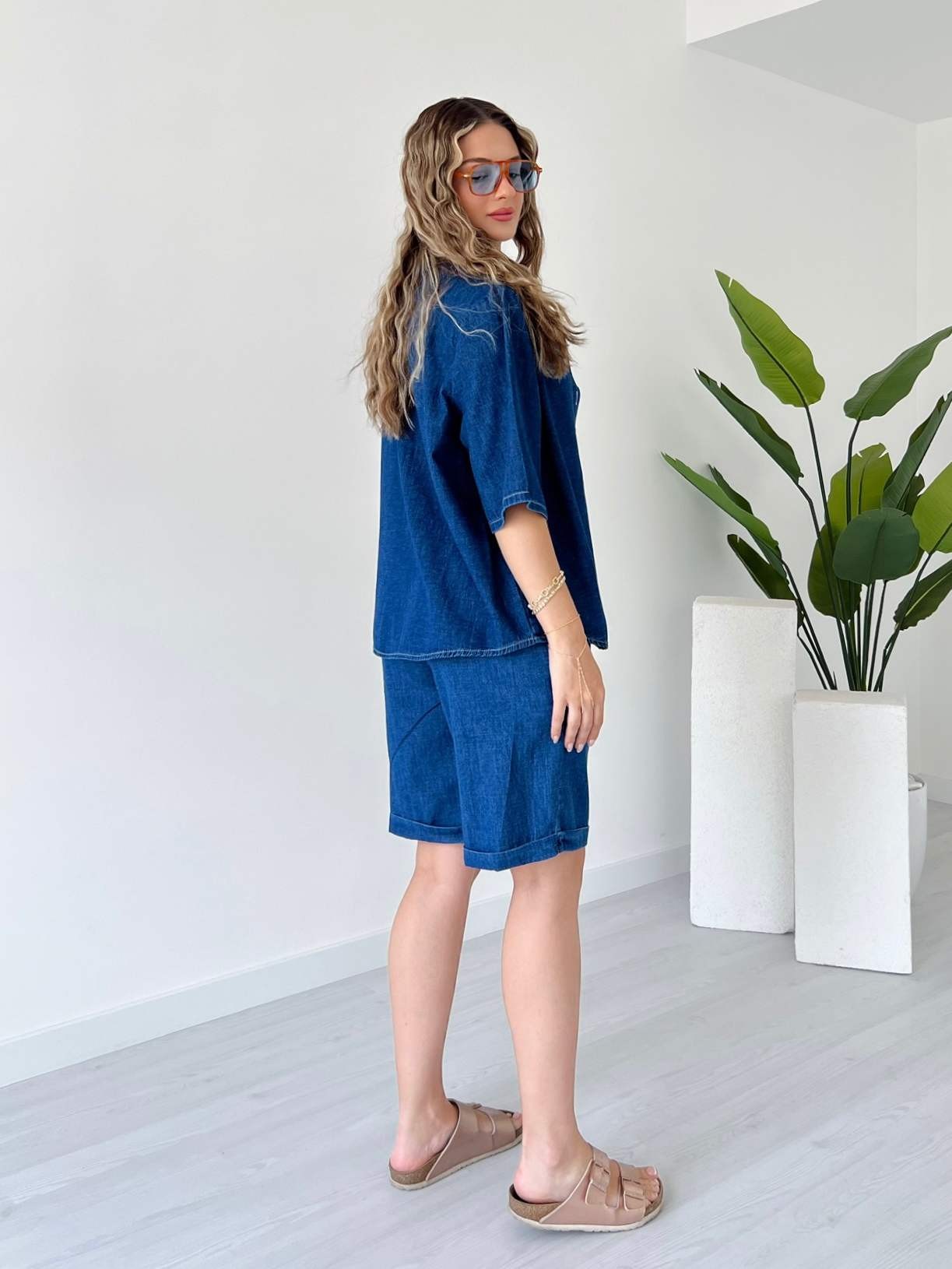Şortlu Denim Takım - Mavi