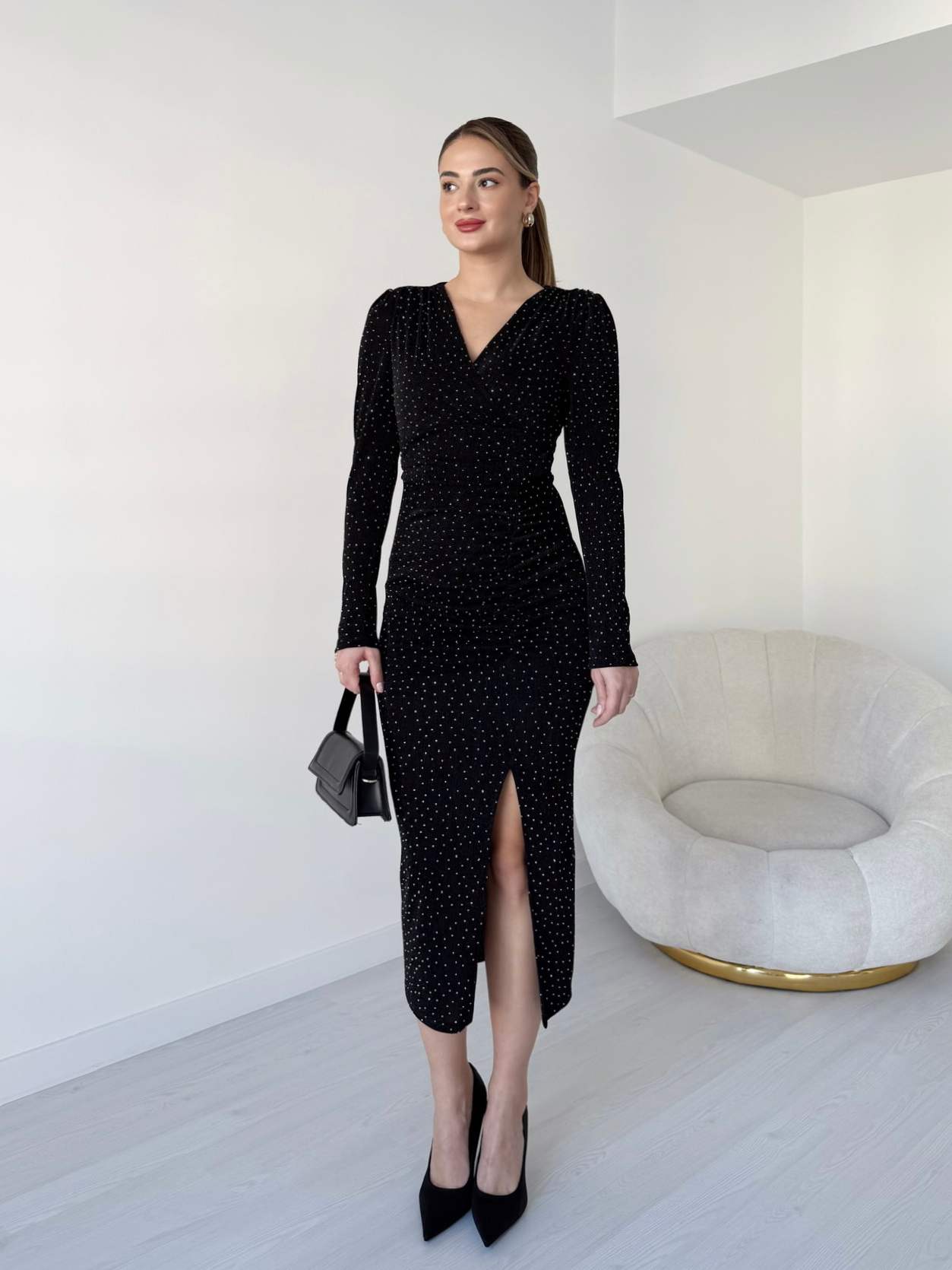 Kruvaze Yaka Taşlı Tasarım Elbise