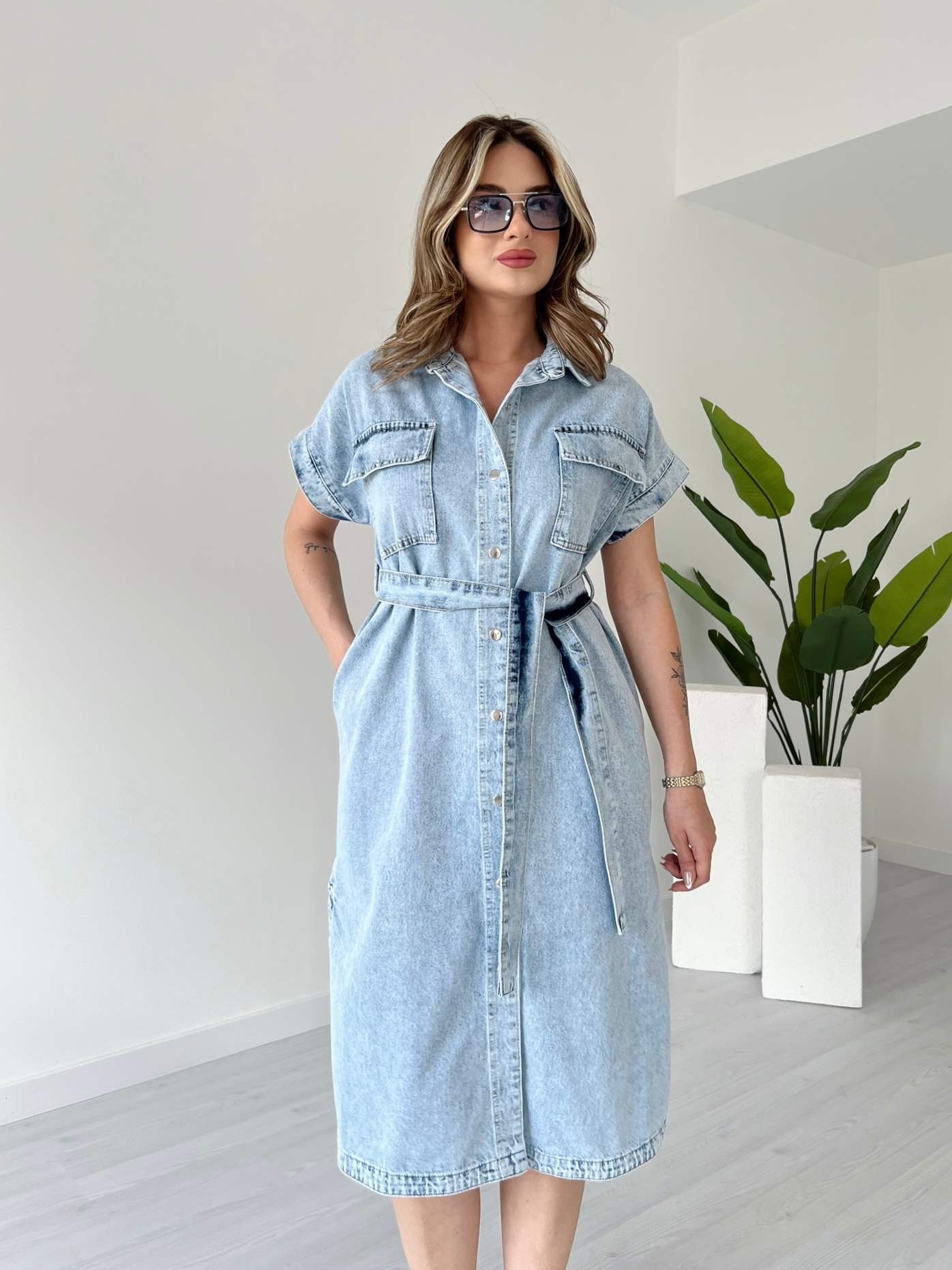 Kar Yıkama Çıtçıtlı Midi Denim Elbise - Kar Yıkama