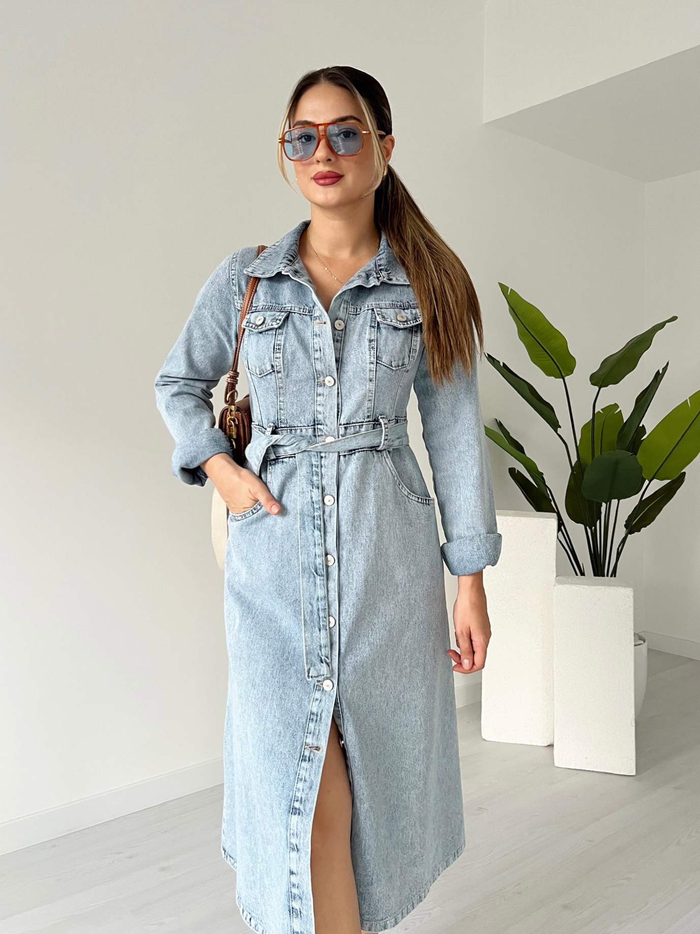Uzun Kol Kuşaklı Denim Elbise