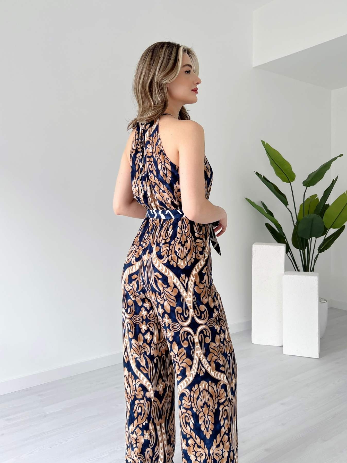 Desenli Halter Yaka Viskon Tulum - Lacivert