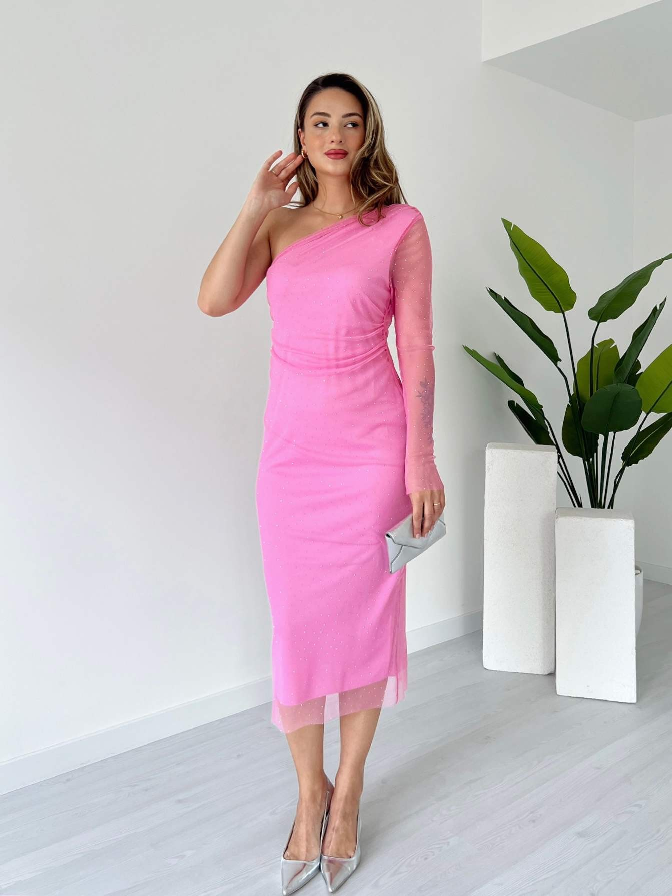Tek Omuz Taş Süslemeli Tül Elbise - Pembe