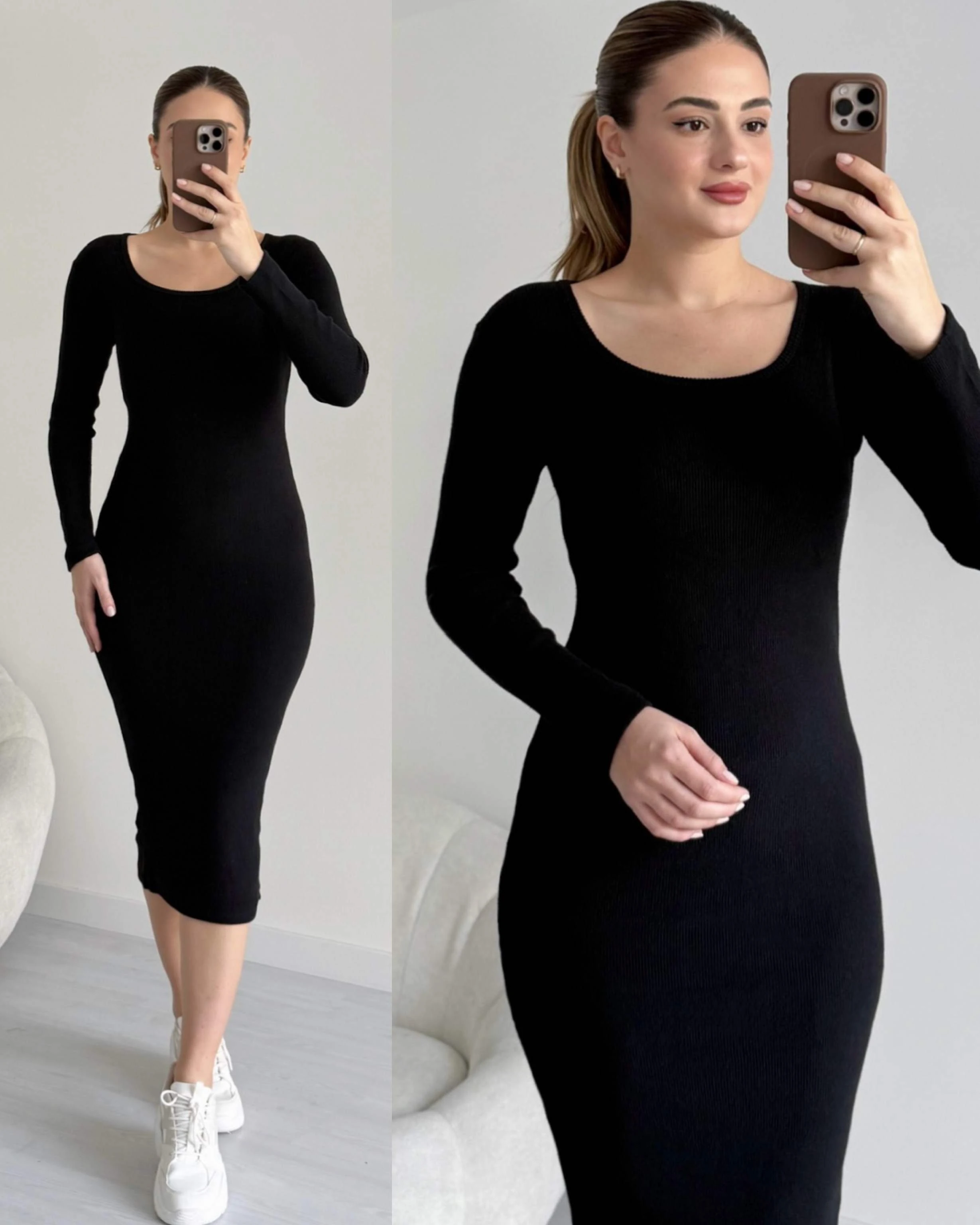 U Yaka Yumoş Basic Elbise - Siyah