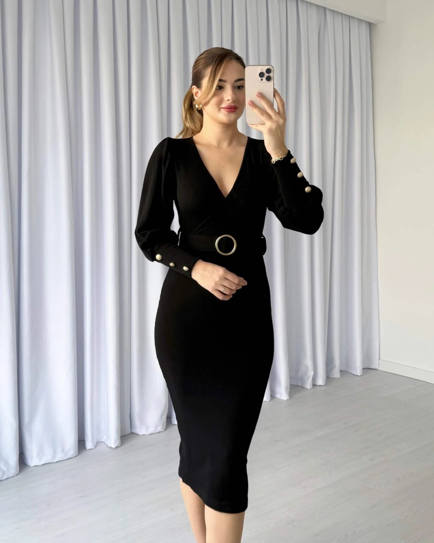 Kruvaze Yaka Kemerli Triko Elbise