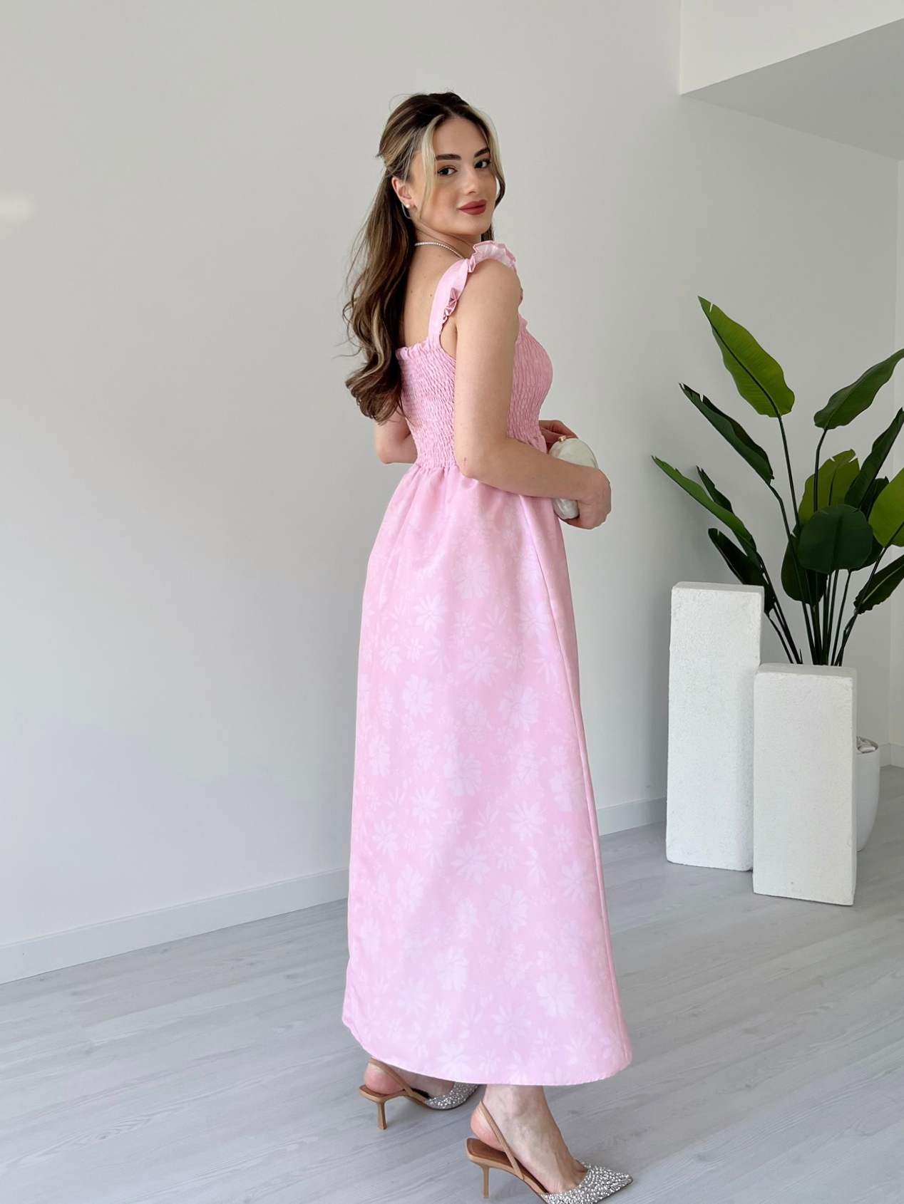 Soluk Efektli Gipeli Elbise - Pembe