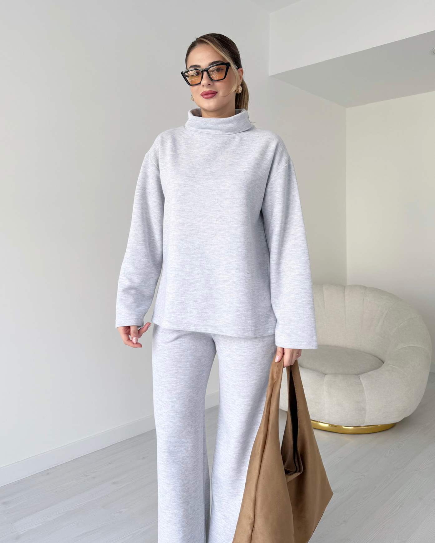 Balıkçı Yaka Selanik Kumaş İkili Takım - Gri