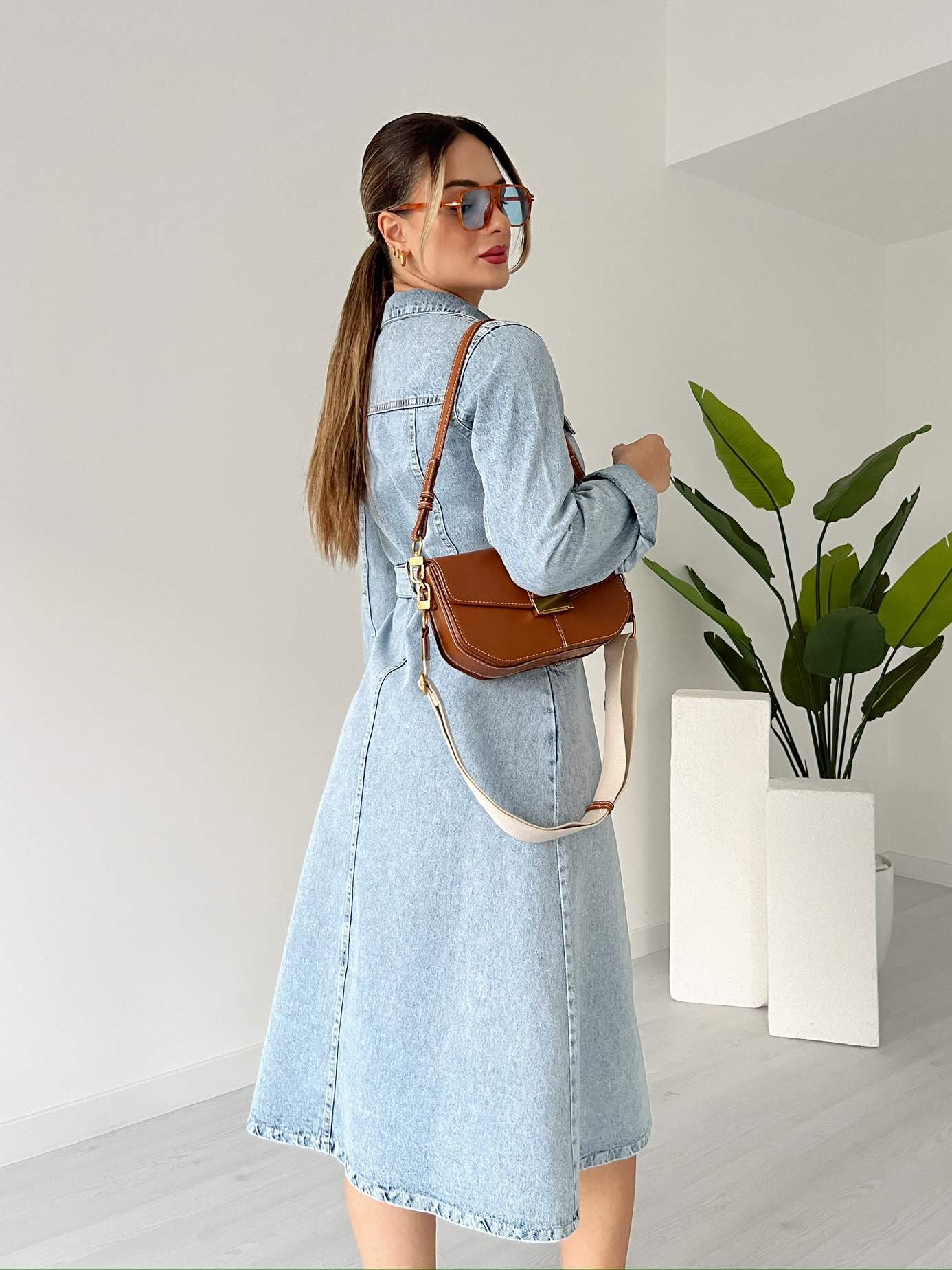 Uzun Kol Kuşaklı Denim Elbise