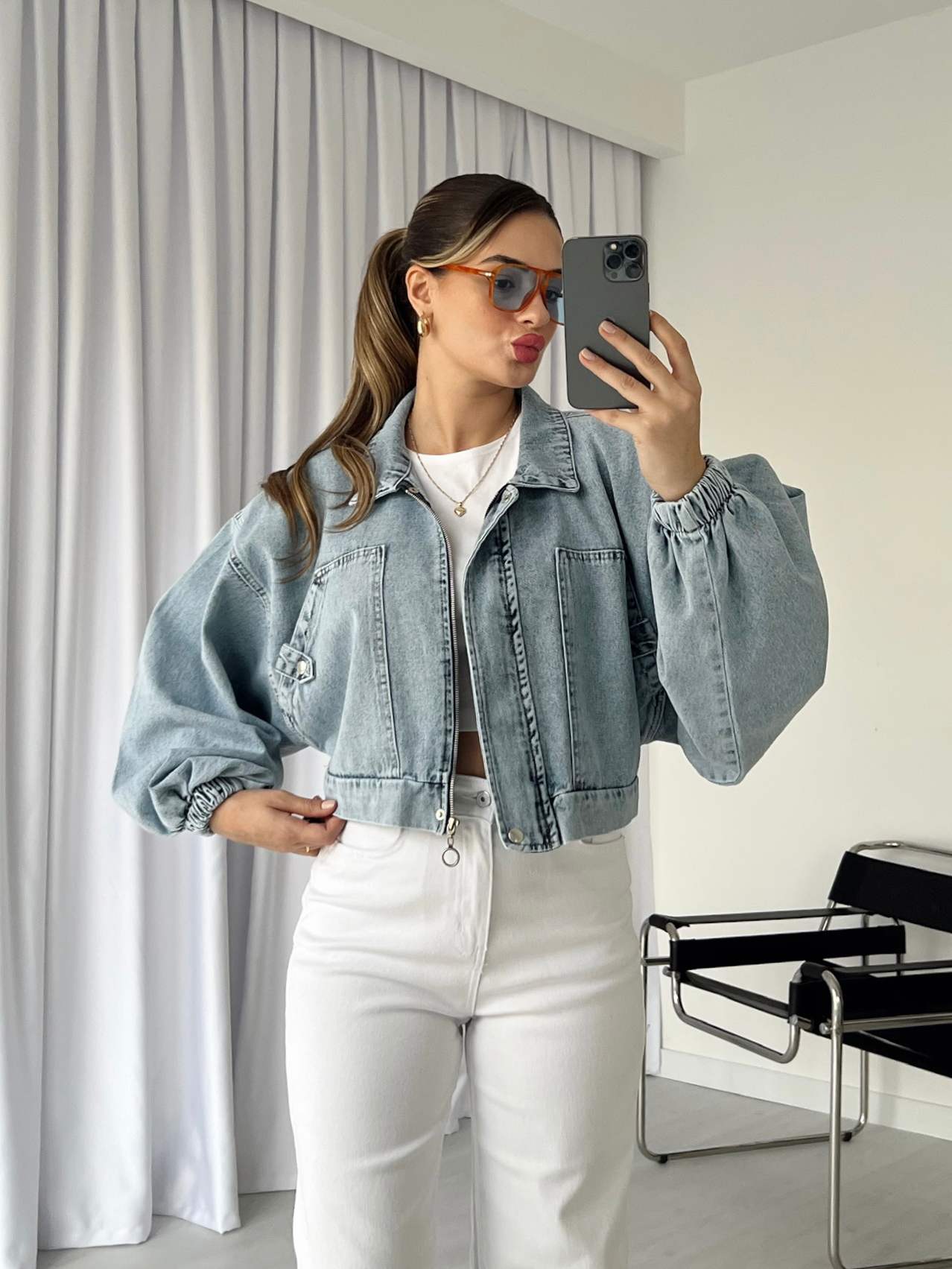 Balon Kol Crop Denim Mont