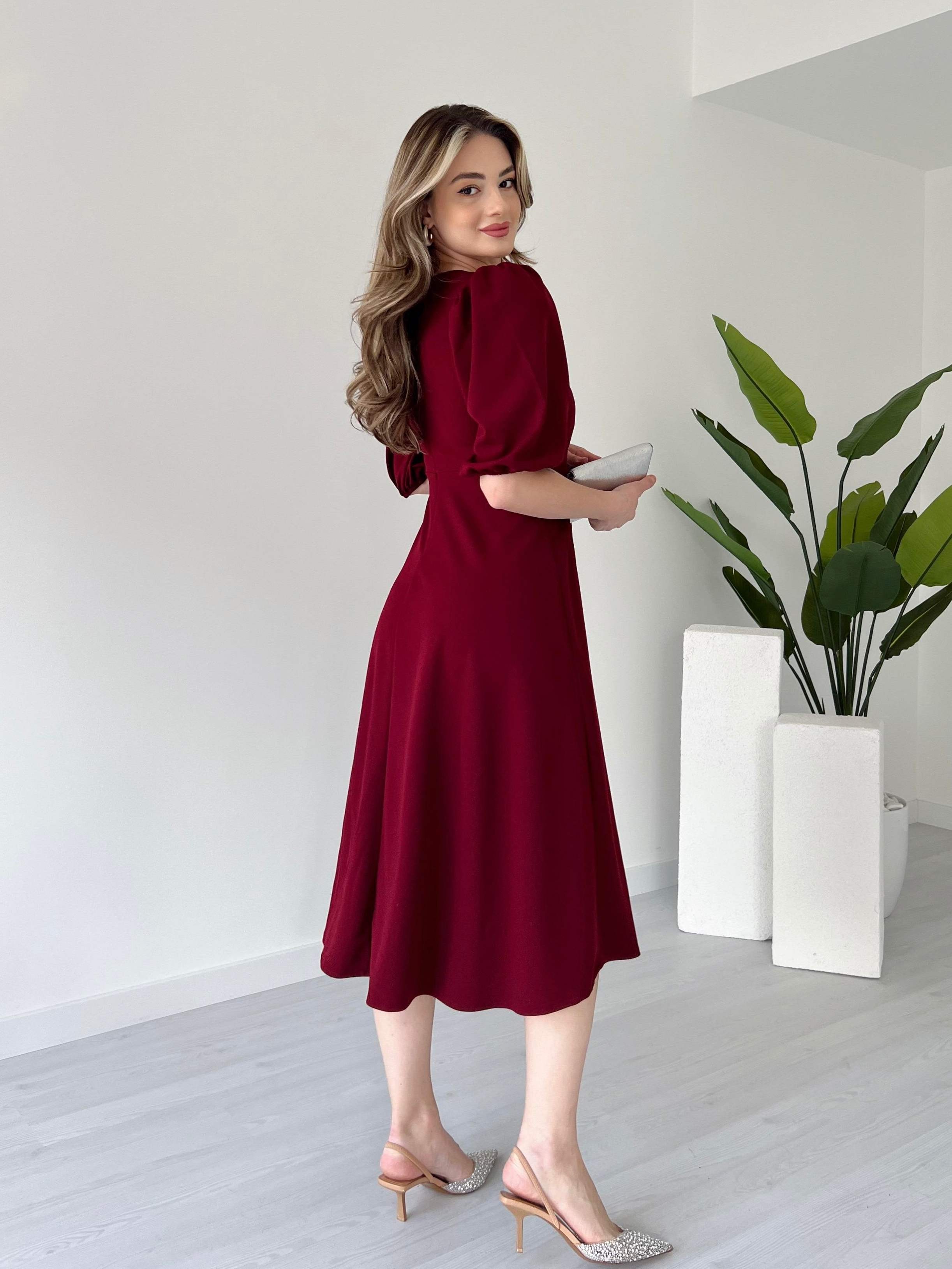 Fiyonk Detaylı Midi Boy Elbise - Bordo